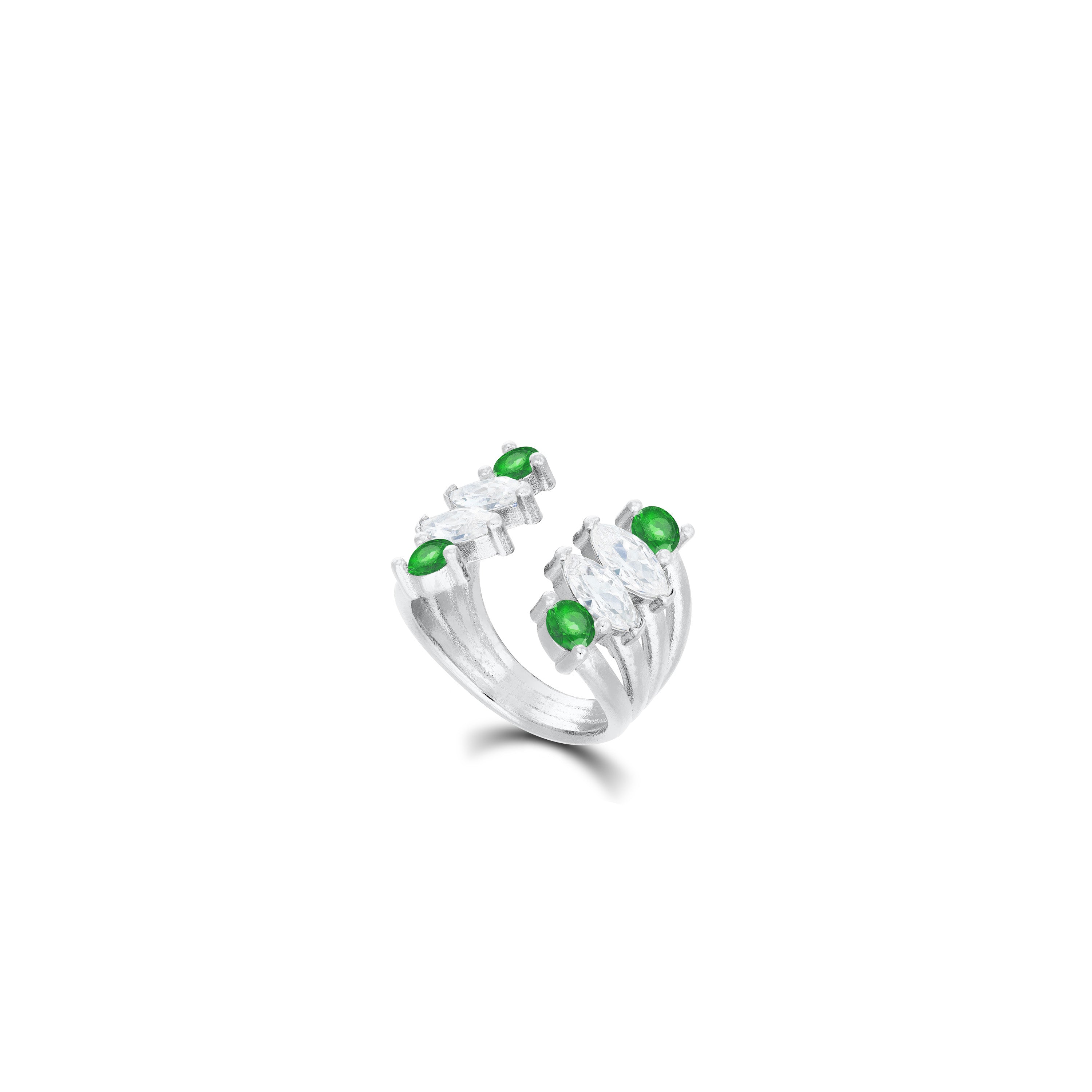 Marquise And Cubic Zirconia Open Band Pinky Ring - Silver Green And White