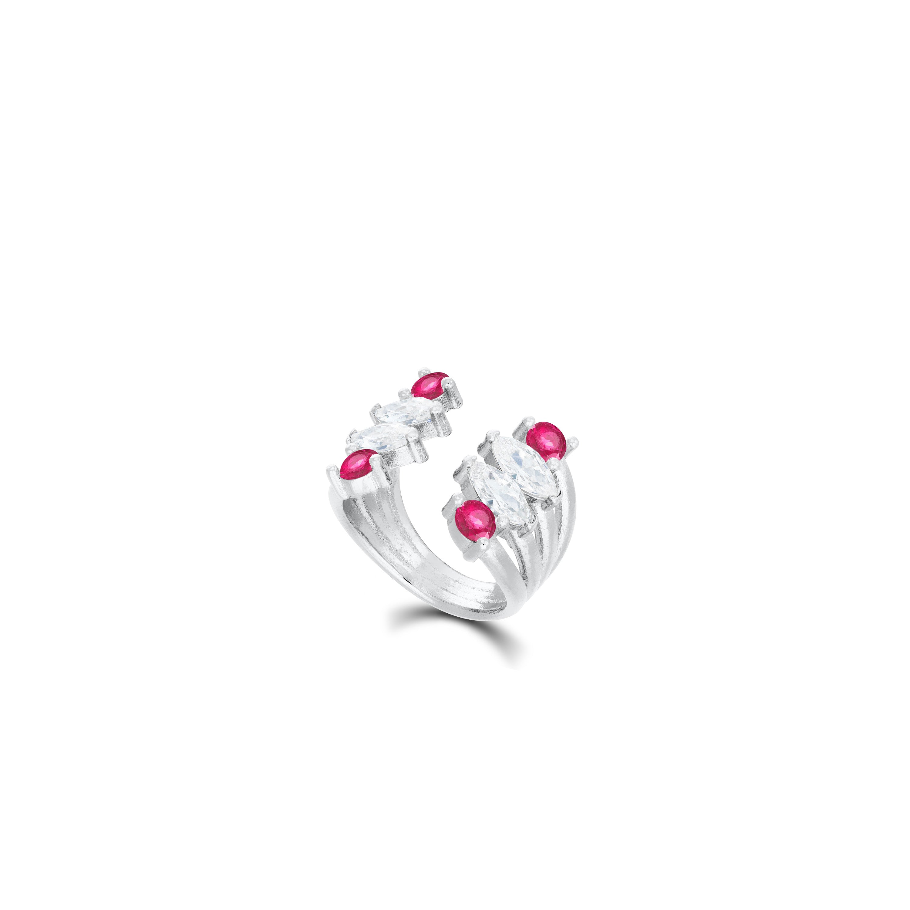 Marquise And Cubic Zirconia Open Band Pinky Ring - Silver Ruby And White