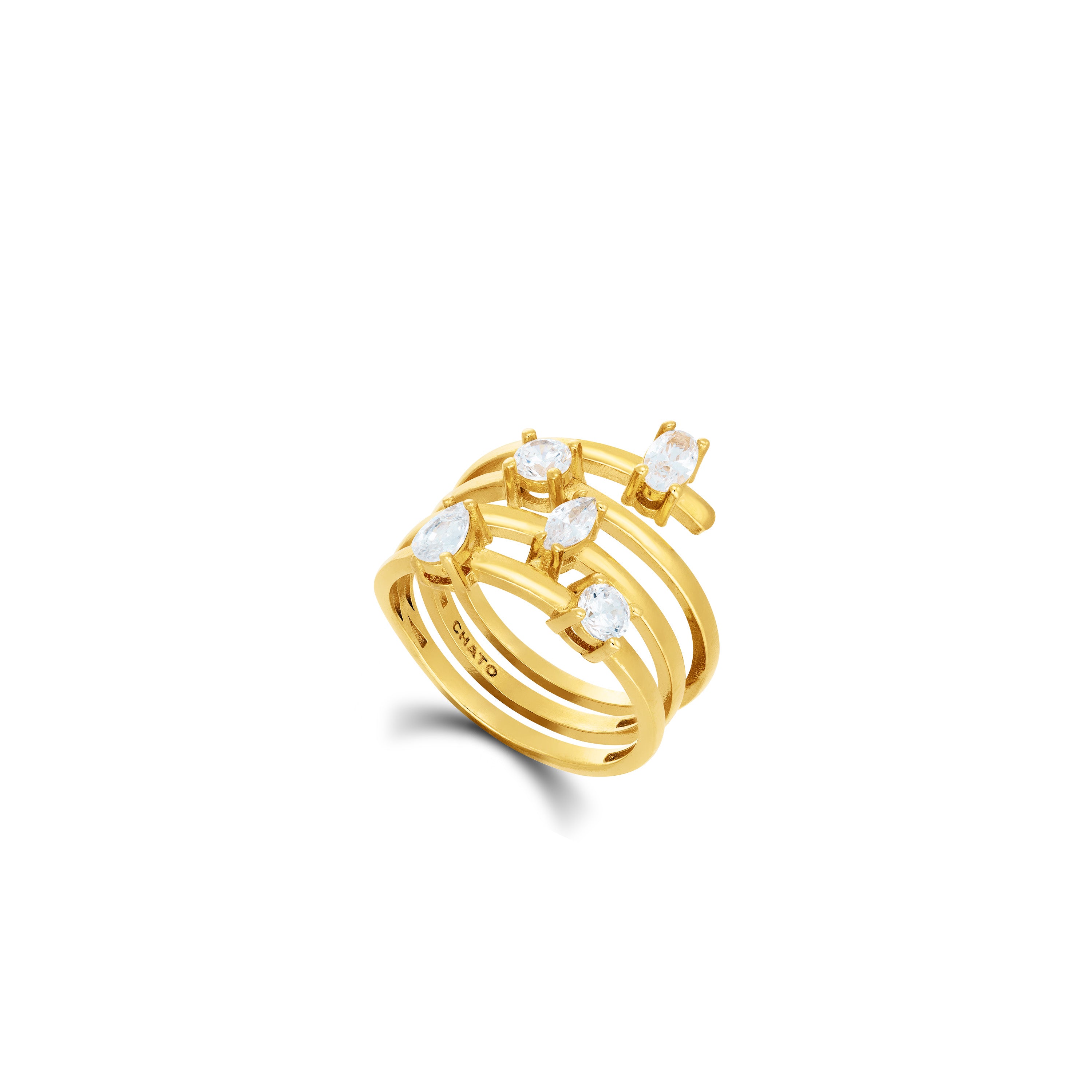 Multi Shape Cubic Zirconia Spiral Ring - Gold White