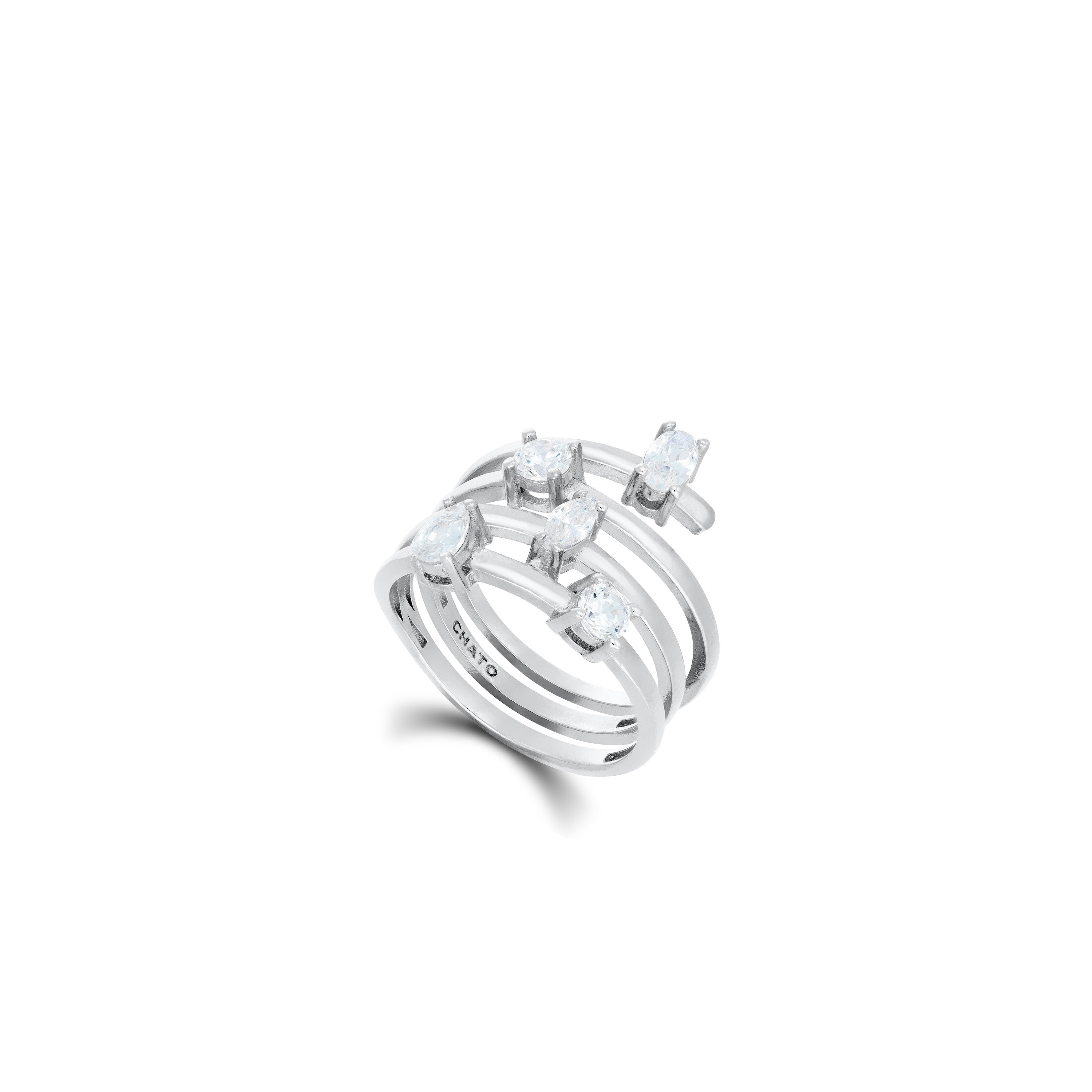 Multi Shape Cubic Zirconia Spiral Ring - Silver White