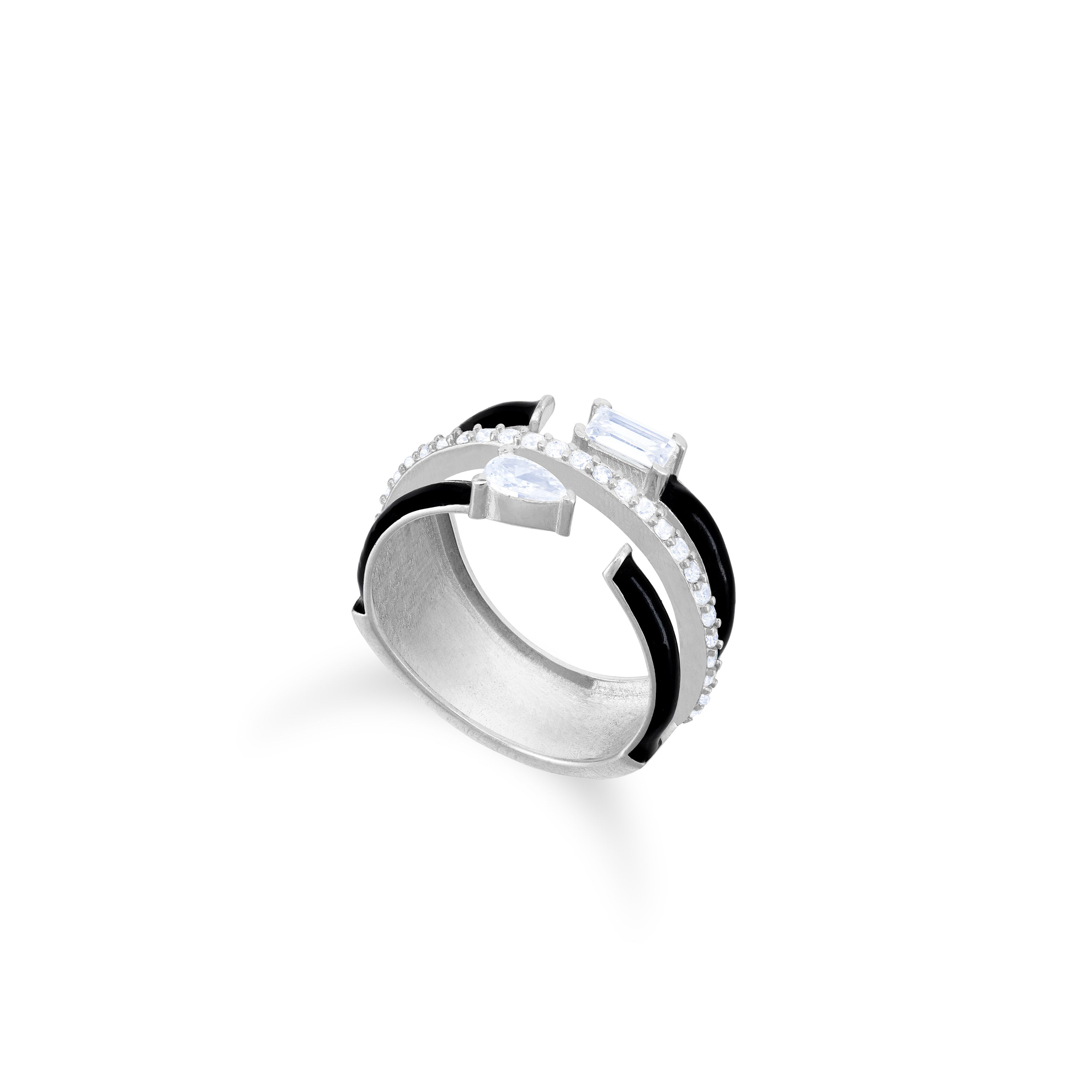 Multishape Triple Row Close Enamel Statement Ring - Silver Black