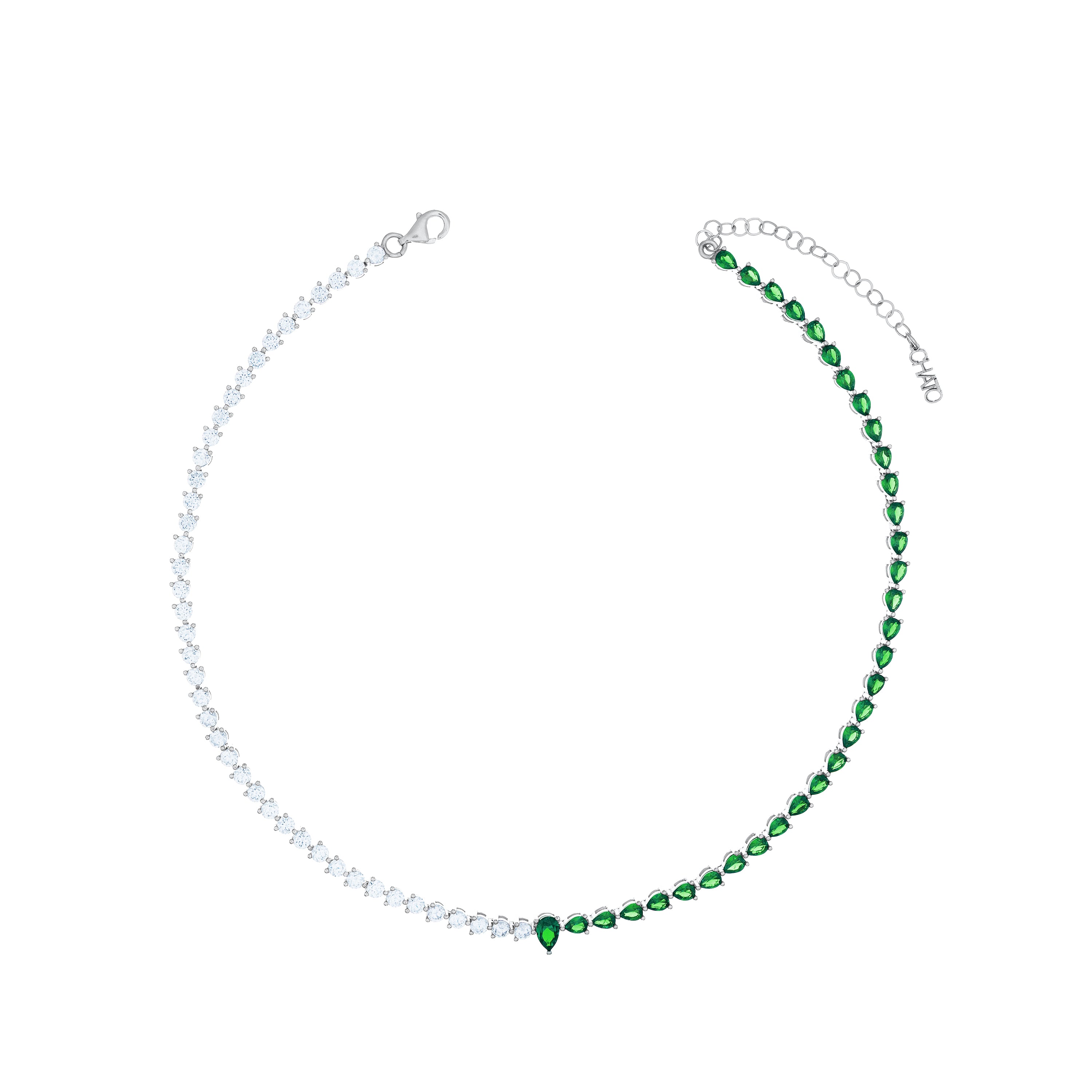One Teardrop Half Cz Half Teardrop Eternity Choker - Silver Green And White
