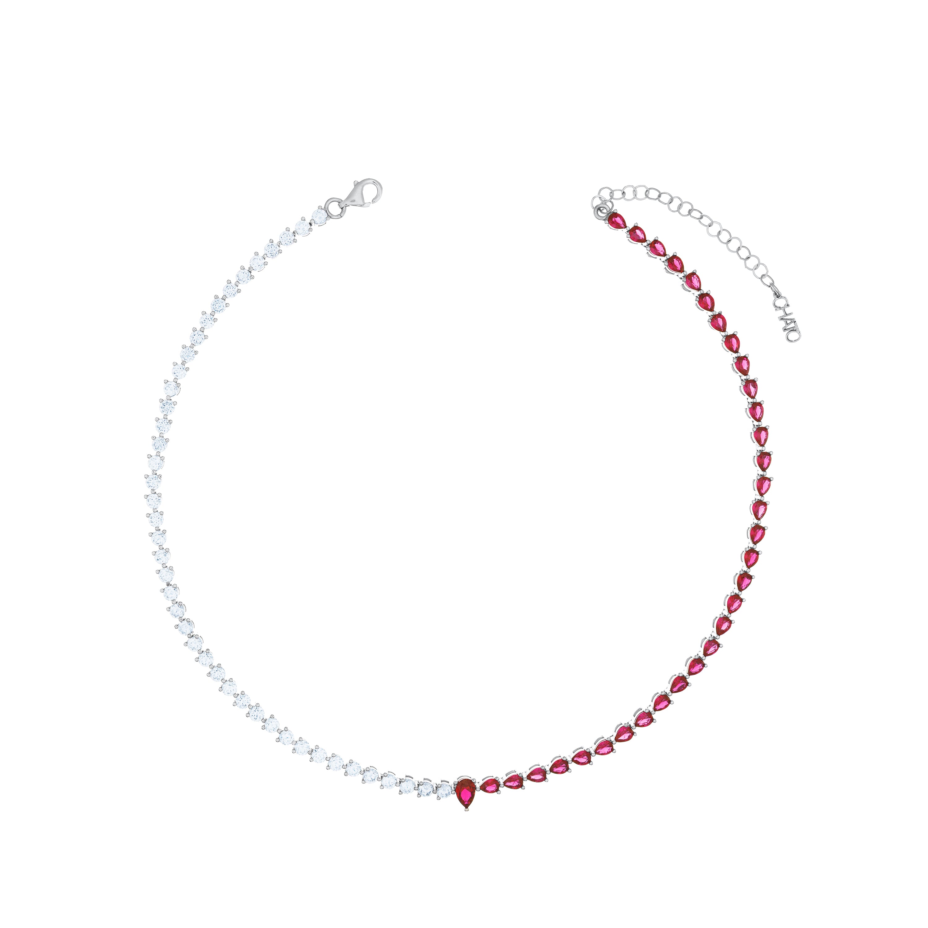 One Teardrop Half Cz Half Teardrop Eternity Choker - Silver Ruby And White