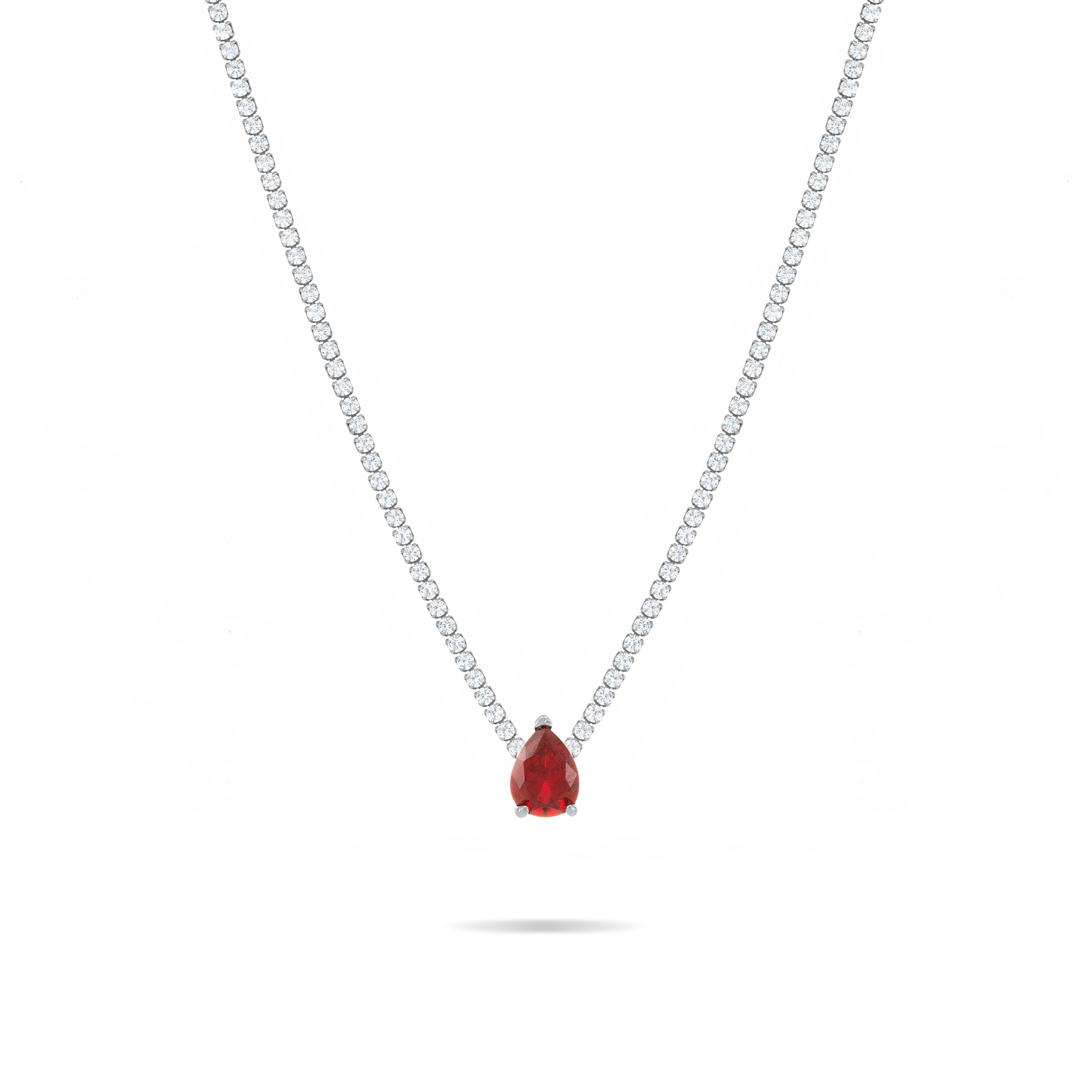 One Teardrop Tennis Choker - Silver Ruby CZ And White