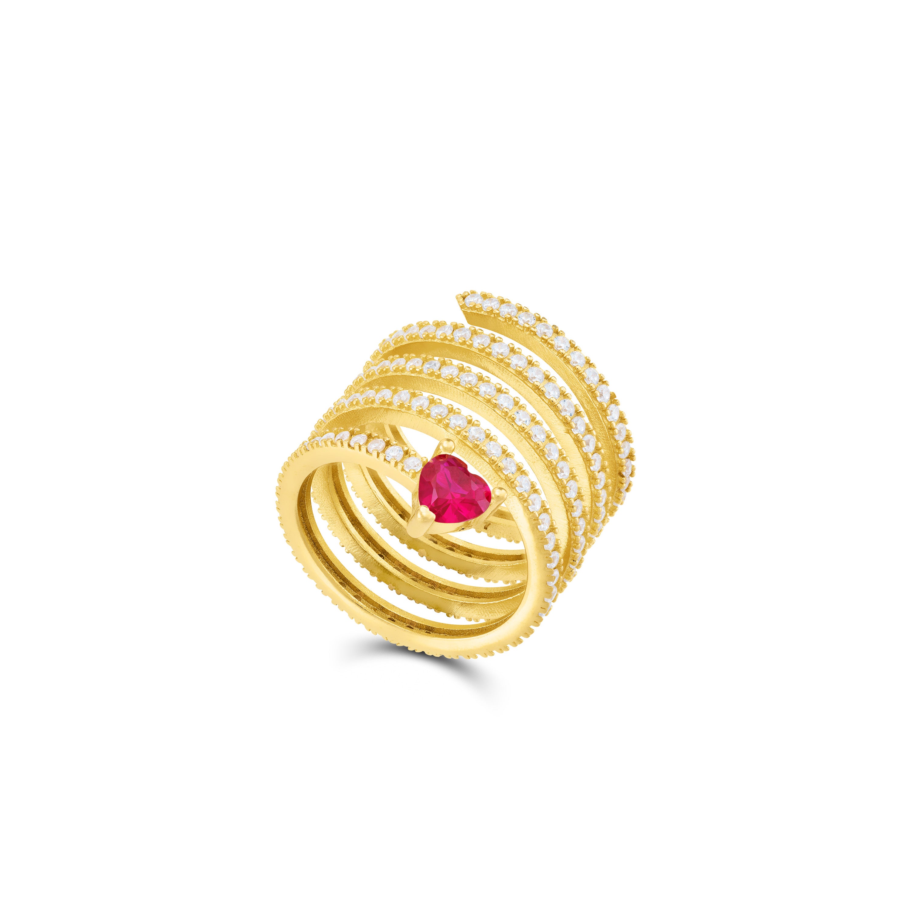 One Heart Cubic Zirconia Spiral Ring - Silver Fuchsia And White