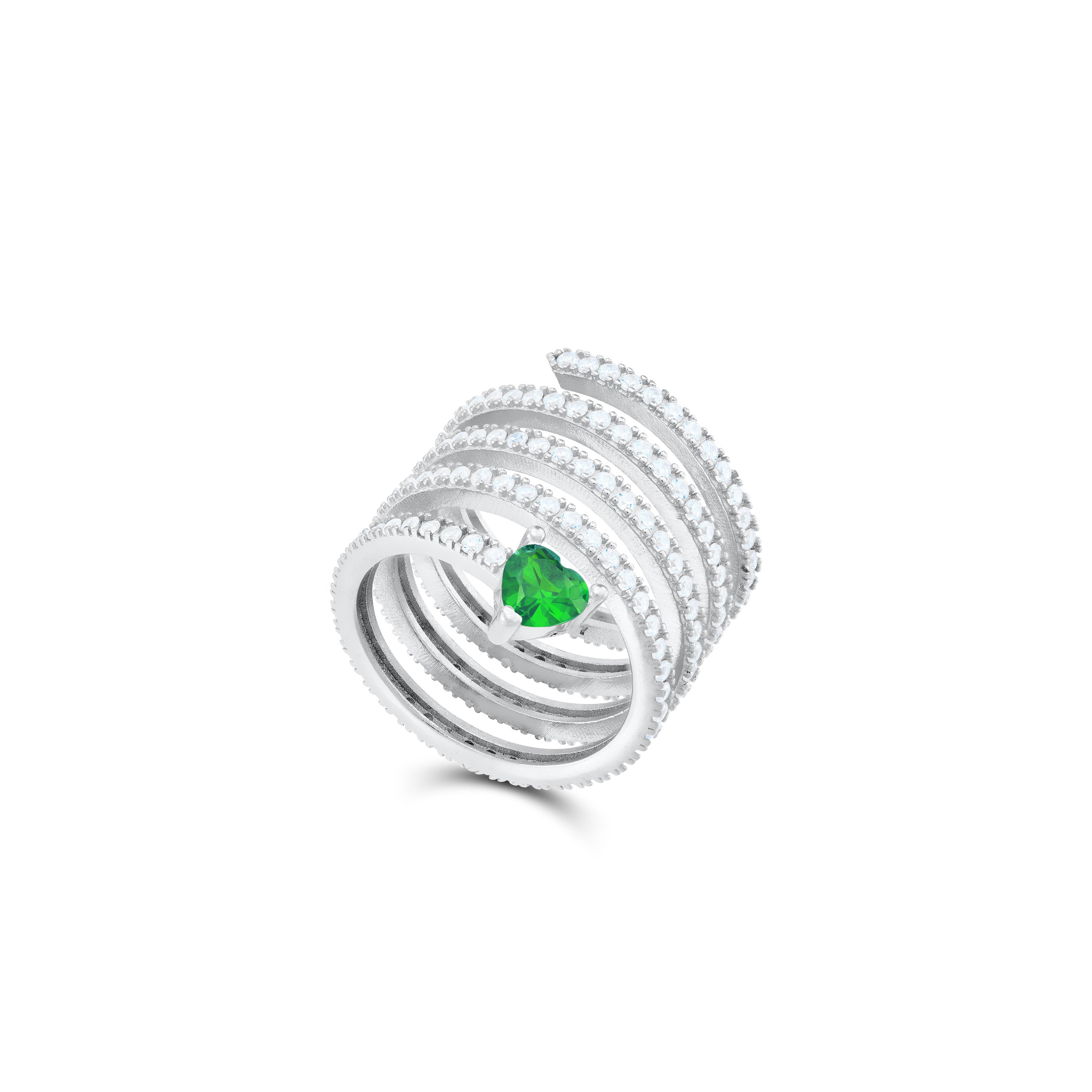 One Heart Cubic Zirconia Spiral Ring - Silver Green And White