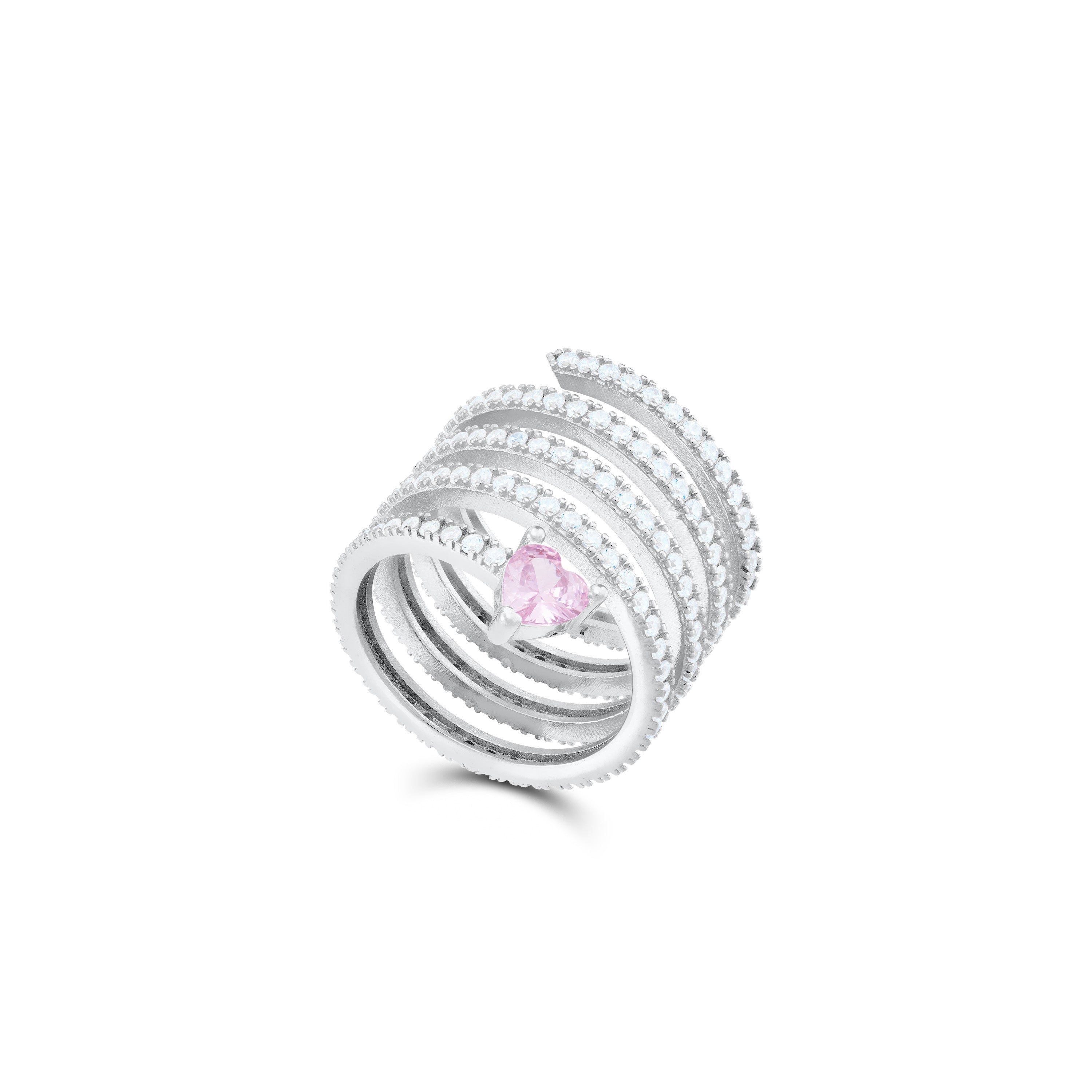 One Heart Cubic Zirconia Spiral Ring - Silver Light Pink And White