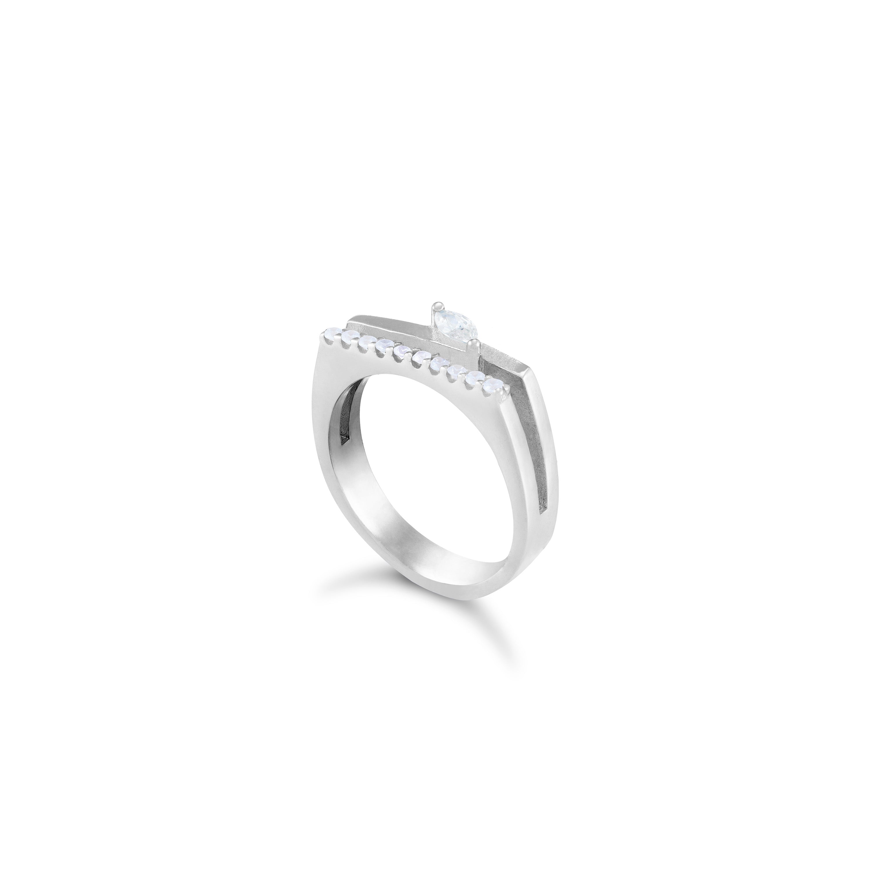 One Marquise Cubic Zirconia Bar Ring - Silver White