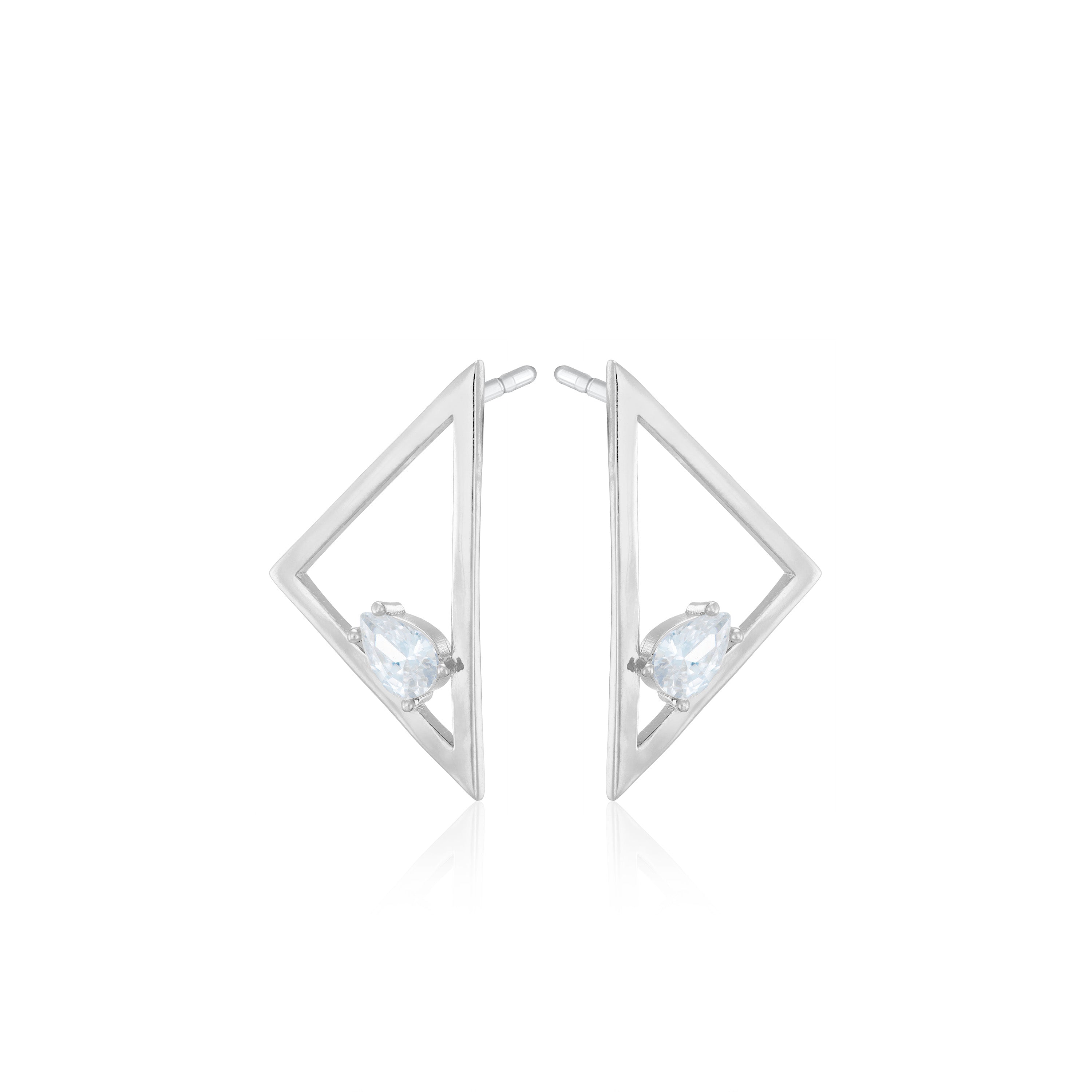 One Oval Asymmetric Triangle Statement Earrings - Silver White