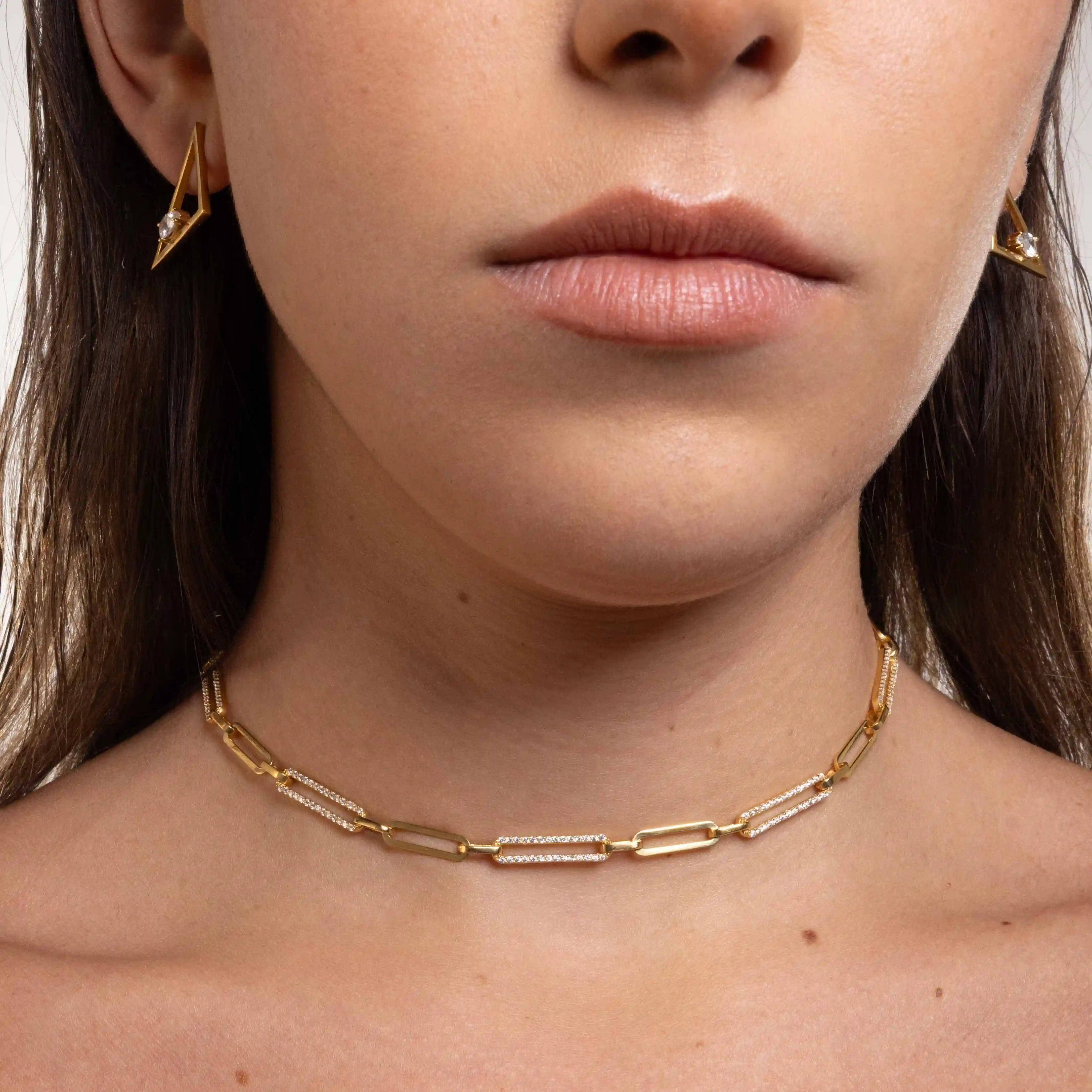 Half Cubic Zirconia Pave Paperclip Chain Link Choker - Gold White