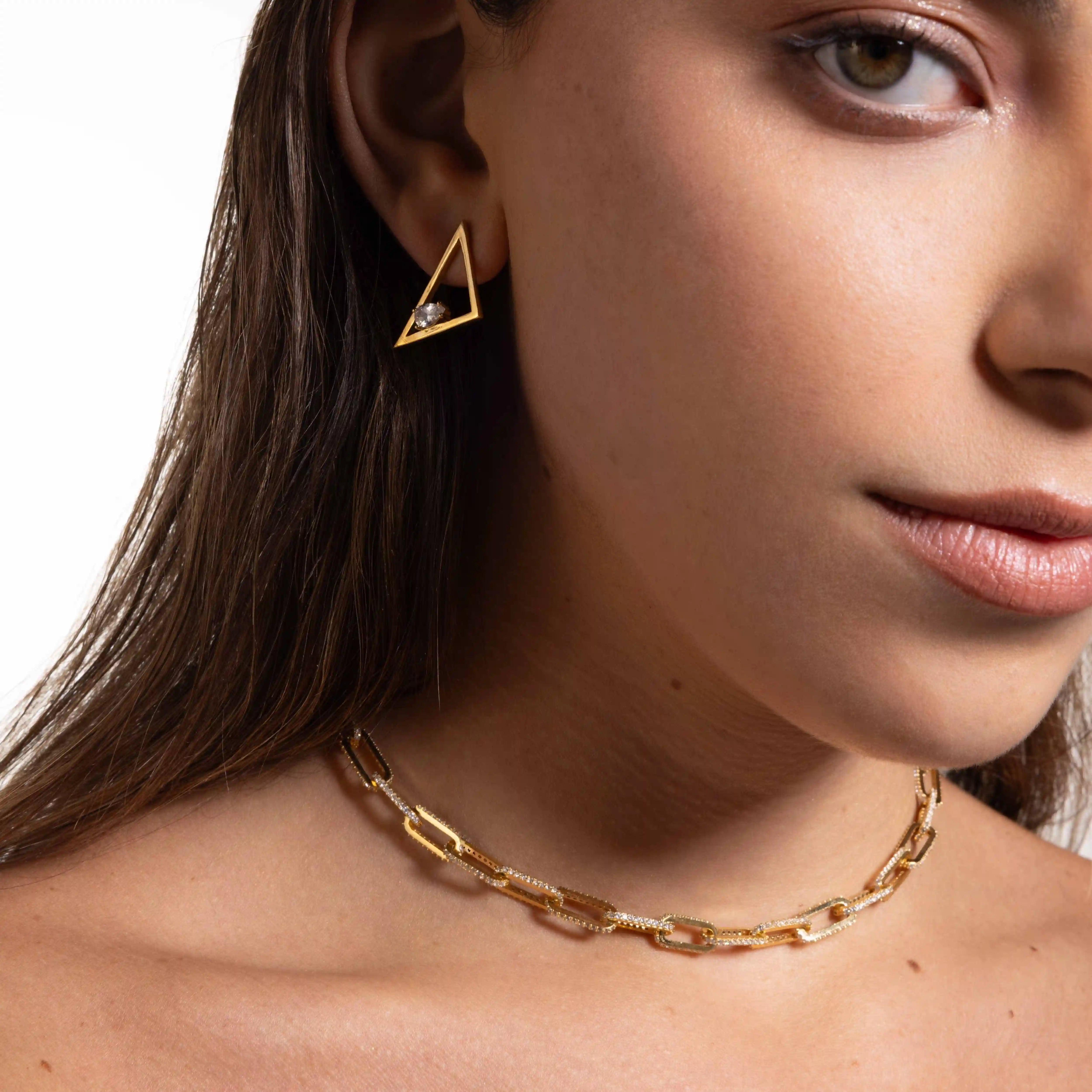 One Oval Asymmetric Triangle Statement Earrings - Gold White