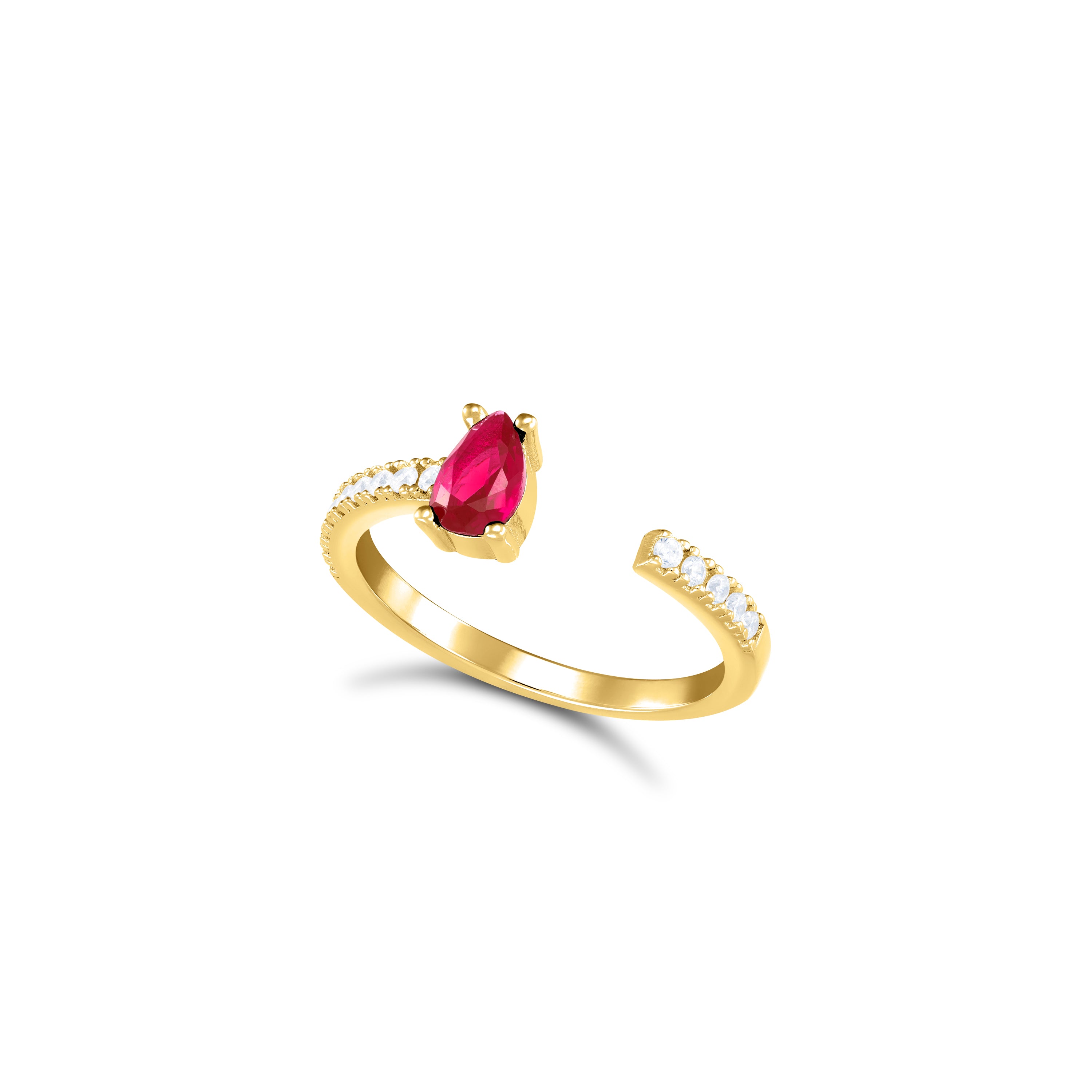 One Side Teardrop One Side Line CZ Ring - Gold Fuschia And White