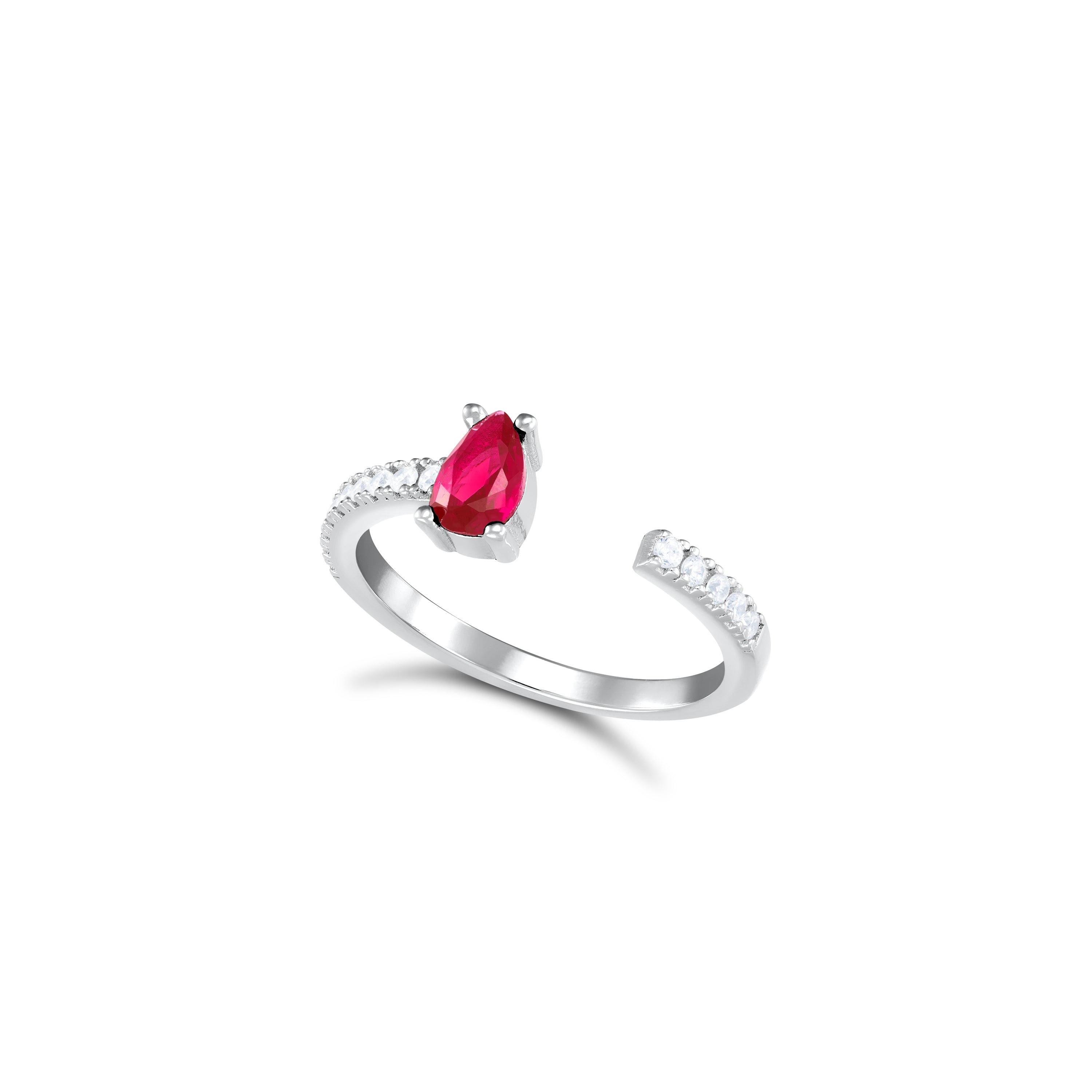 One Side Teardrop One Side Line CZ Ring - Silver Fuchsia And White