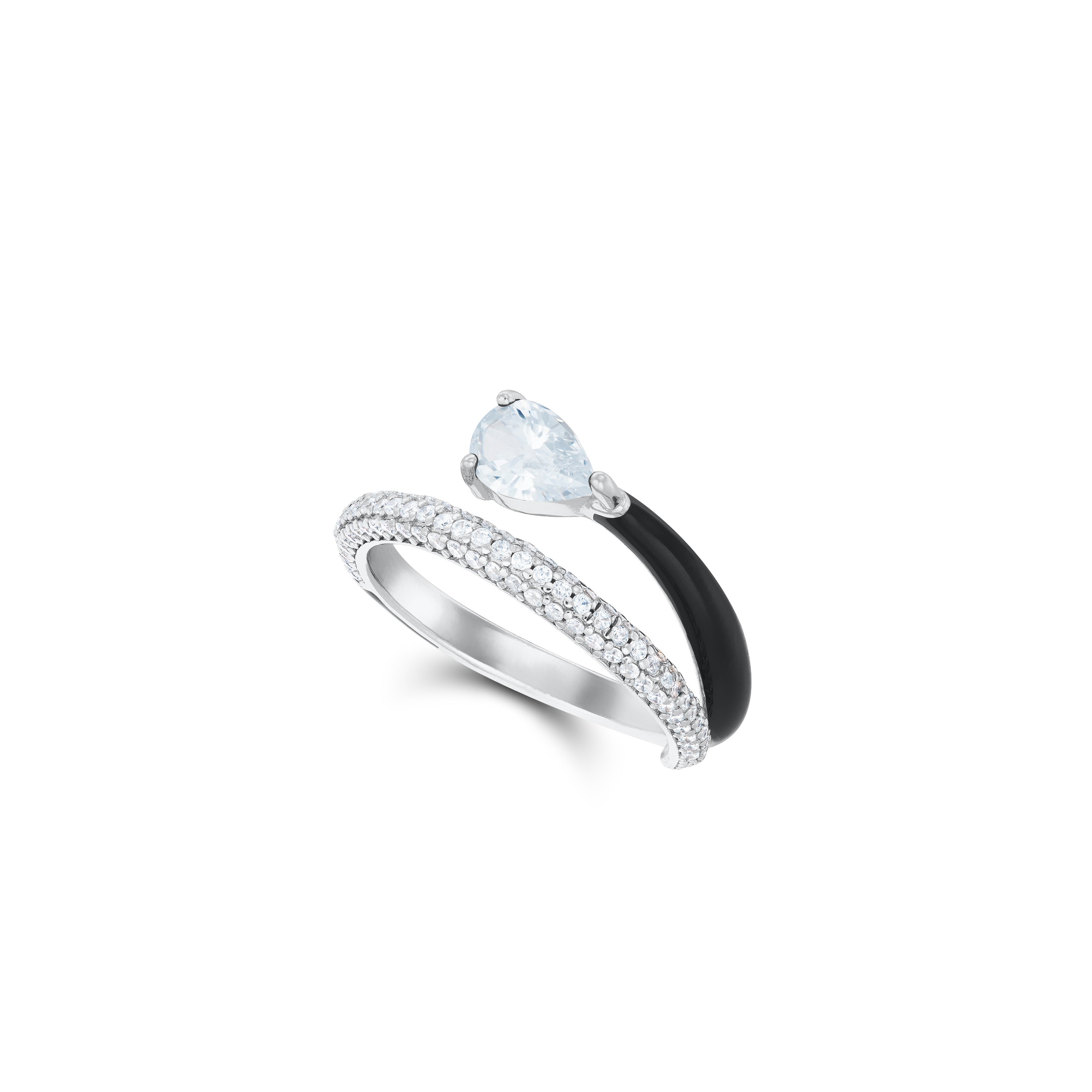 One Teardrop Half Cz Half Enamel Wrap Ring - Silver White