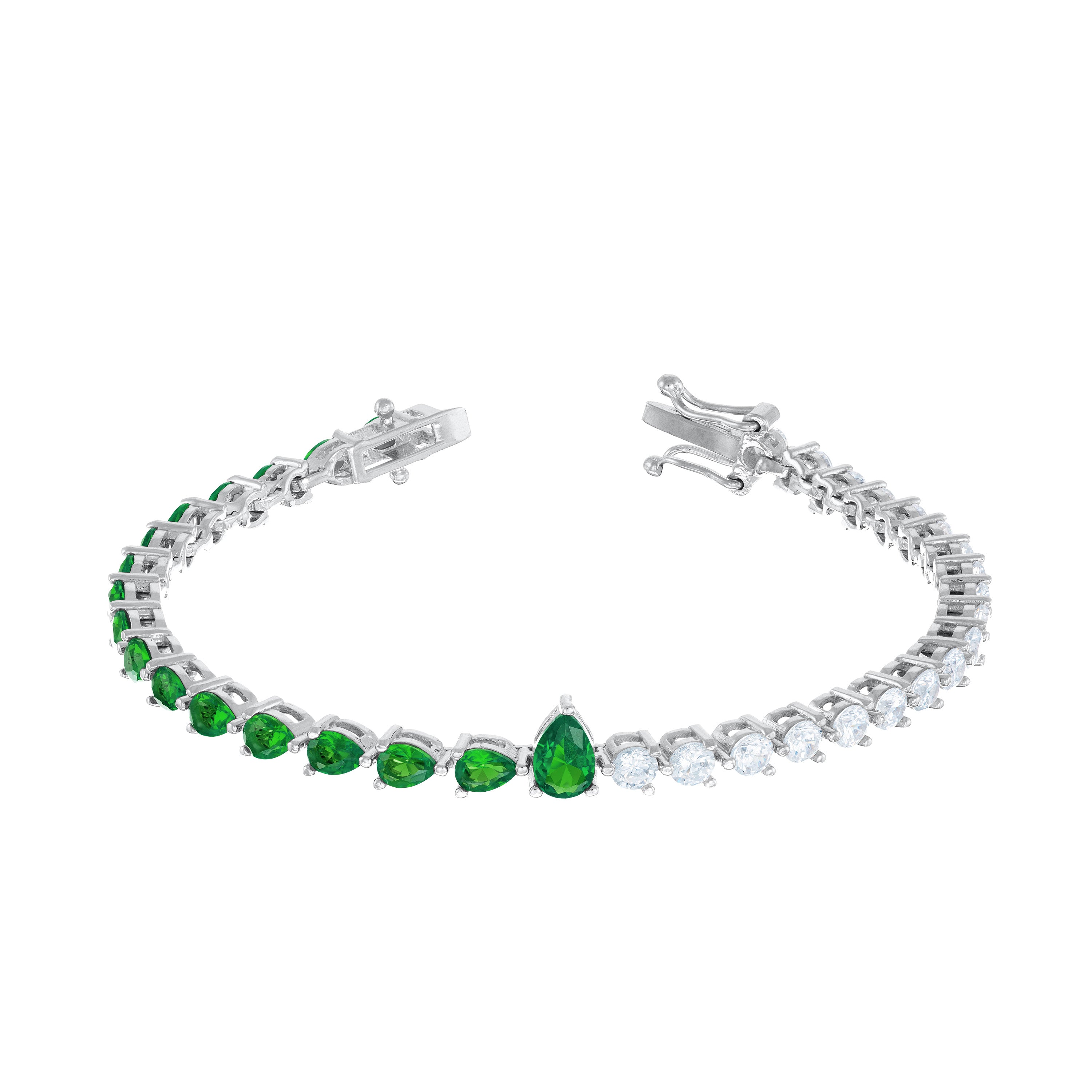 One Teardrop Half Cz Half Teardrop Eternity Bracelet -  Silver Green And White