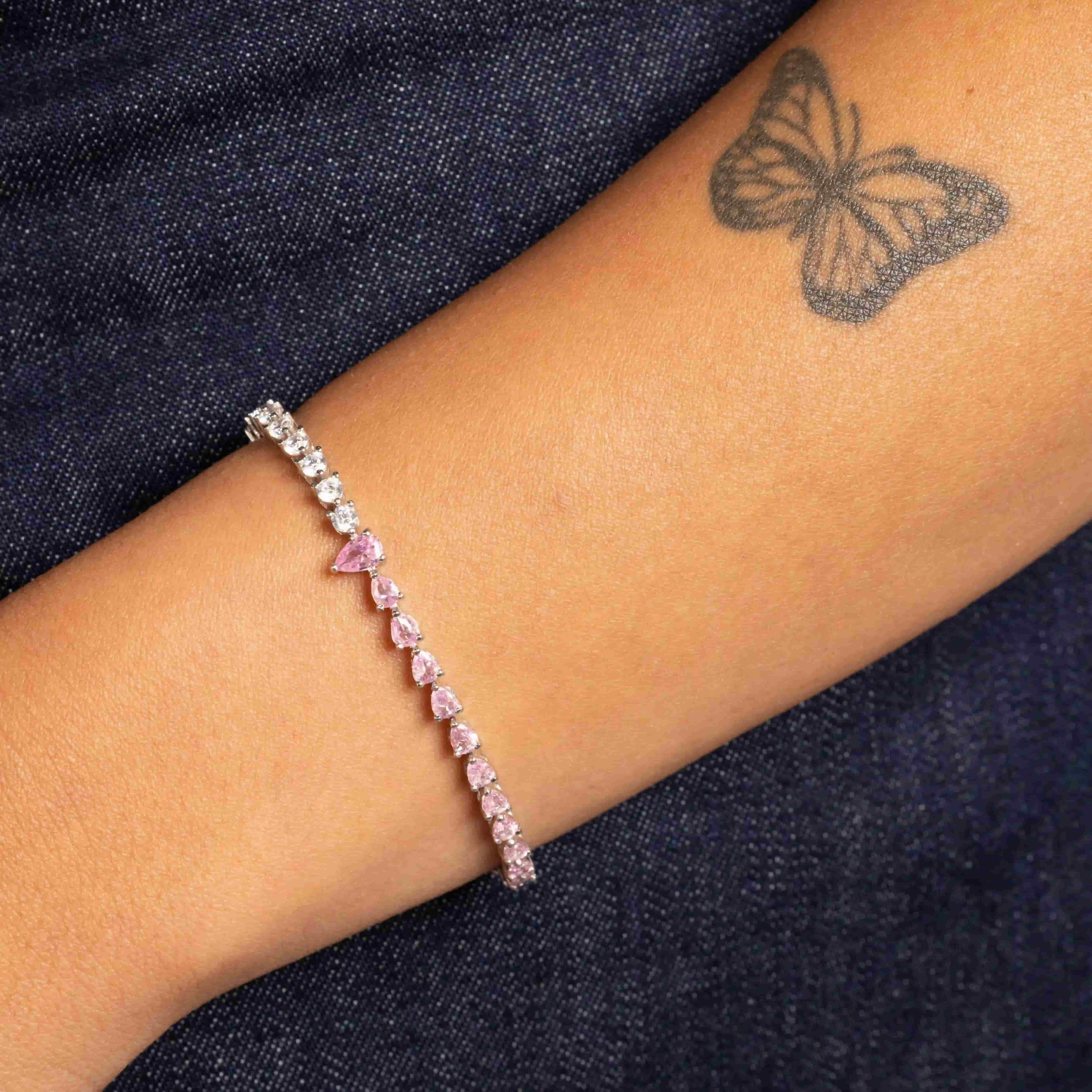 One Teardrop Half Cz Half Teardrop Eternity Bracelet - Silver Light Pink And White