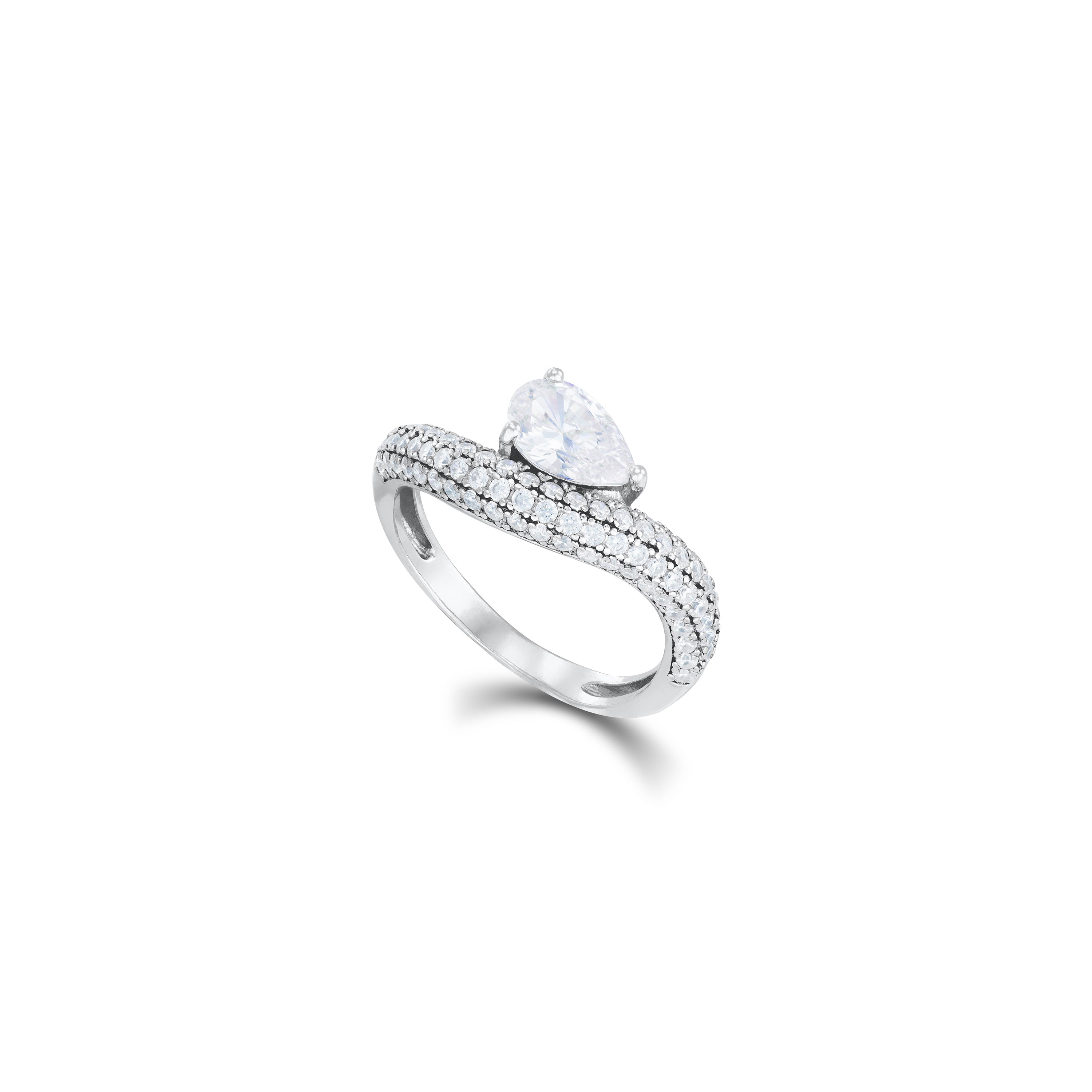 One Teardrop Pave Wave Ring - Silver White