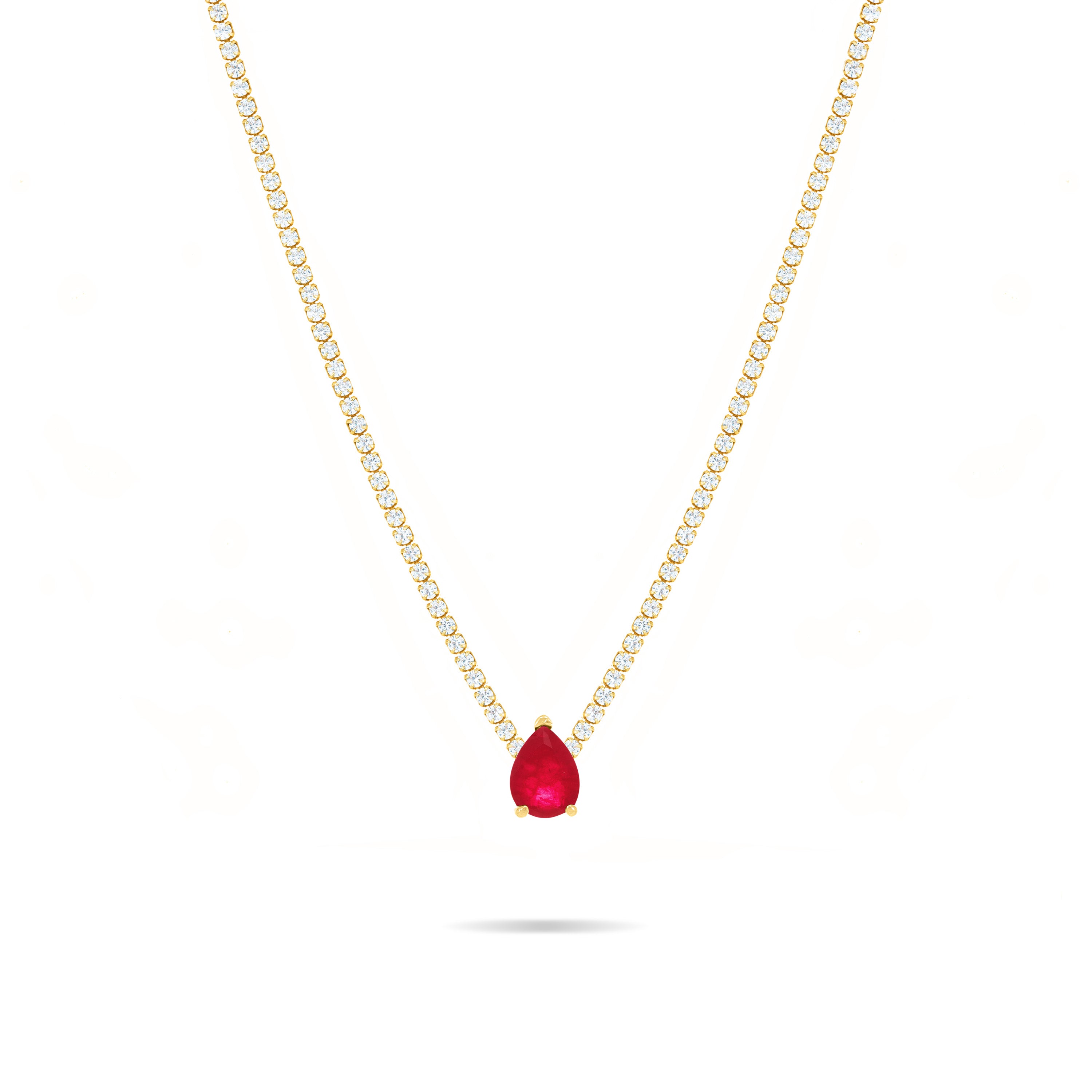 One Teardrop Tennis Choker - Gold Ruby Matt And White