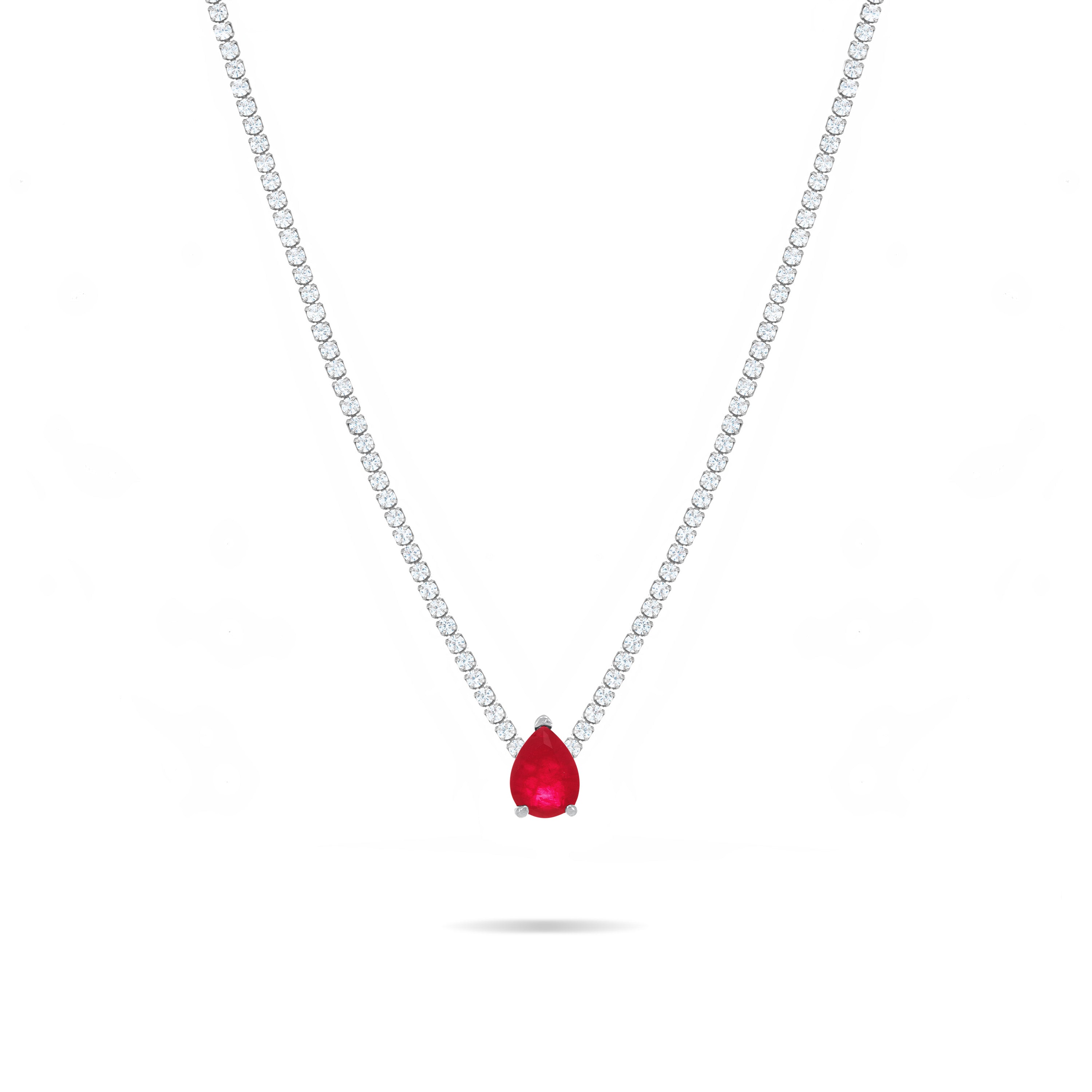 One Teardrop Tennis Choker - Silver Ruby Matt And White