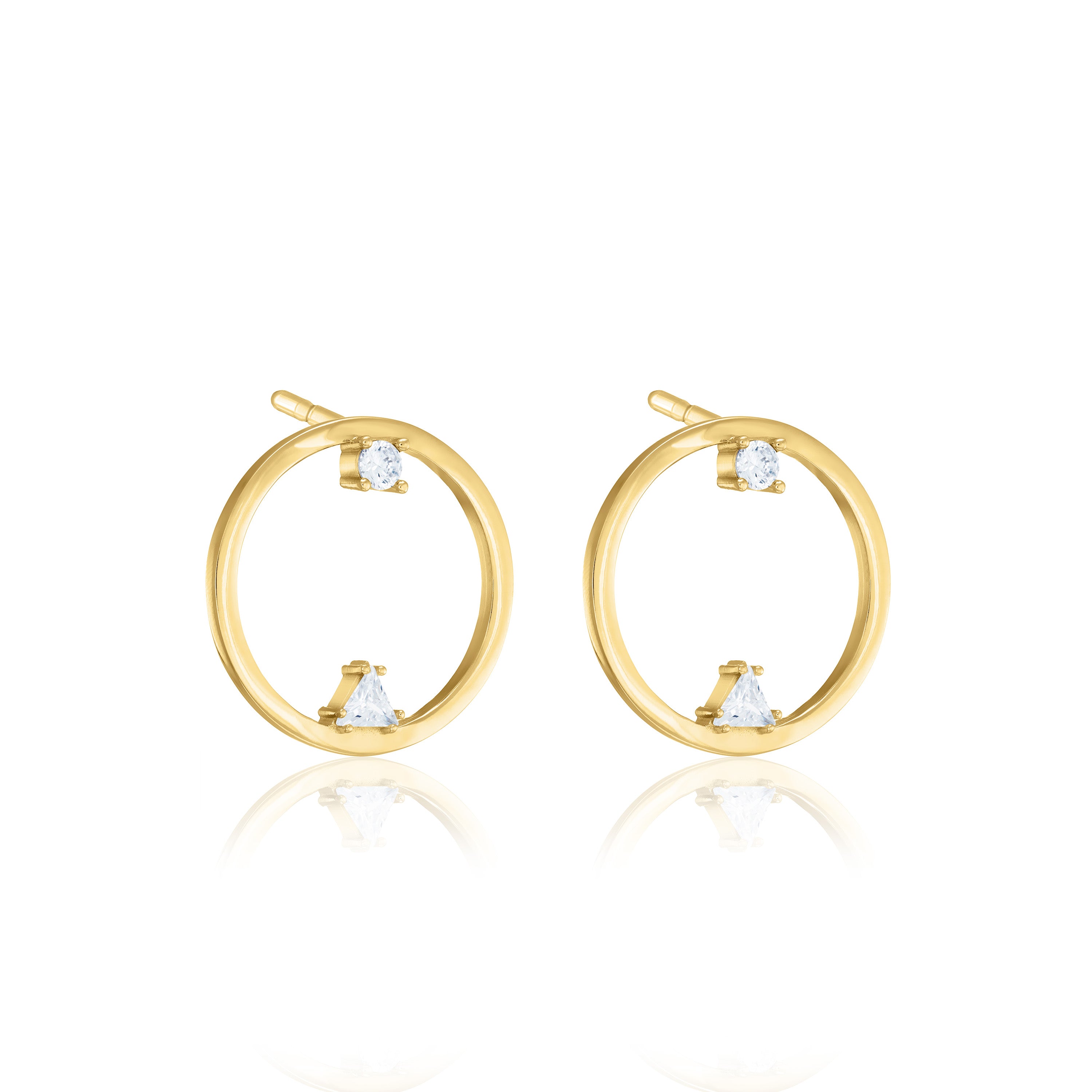 One Triangle And One Cubic Zirconia Open Circle Stud Earrings - Gold White