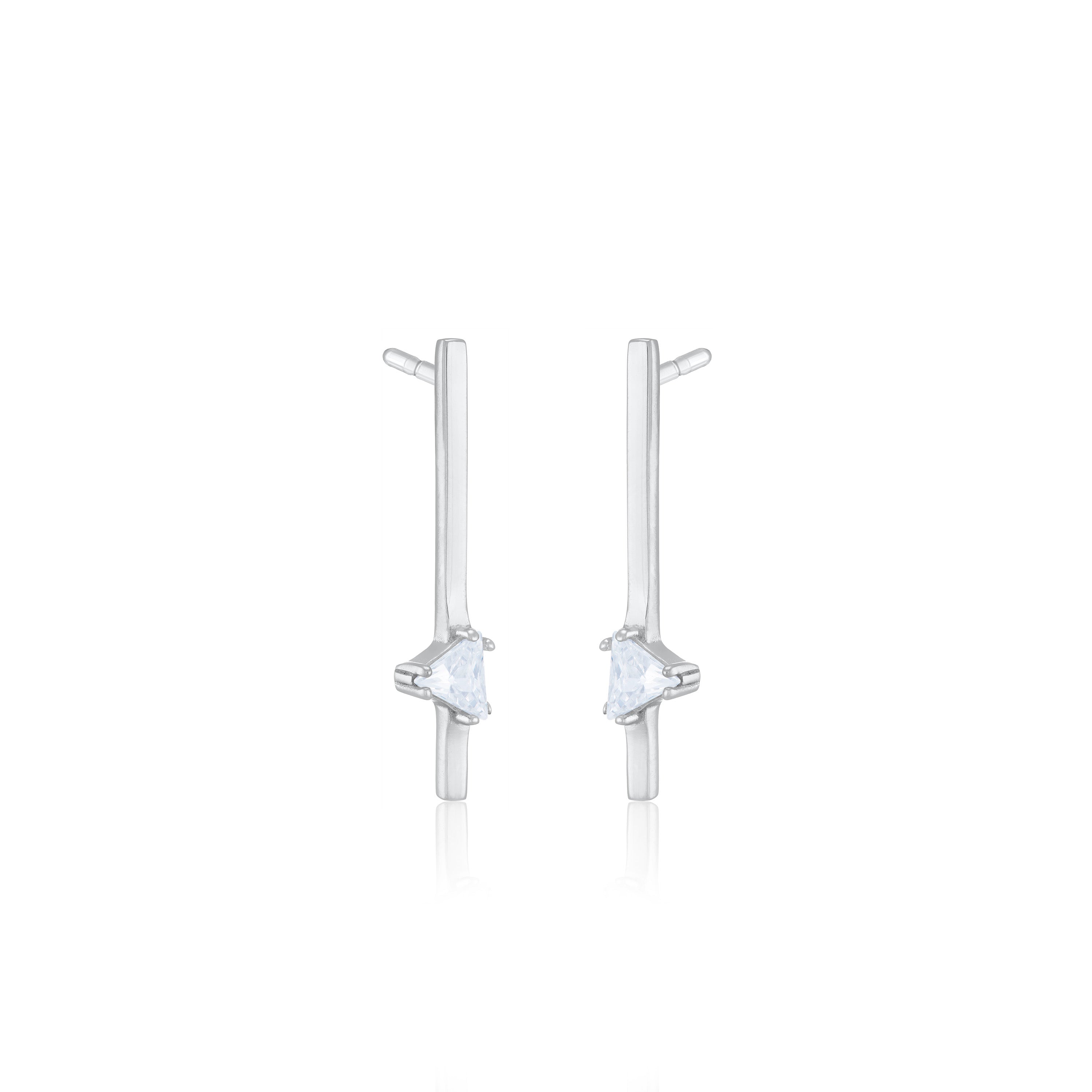 One Triangle CZ Bar Drop Earrings - Silver White