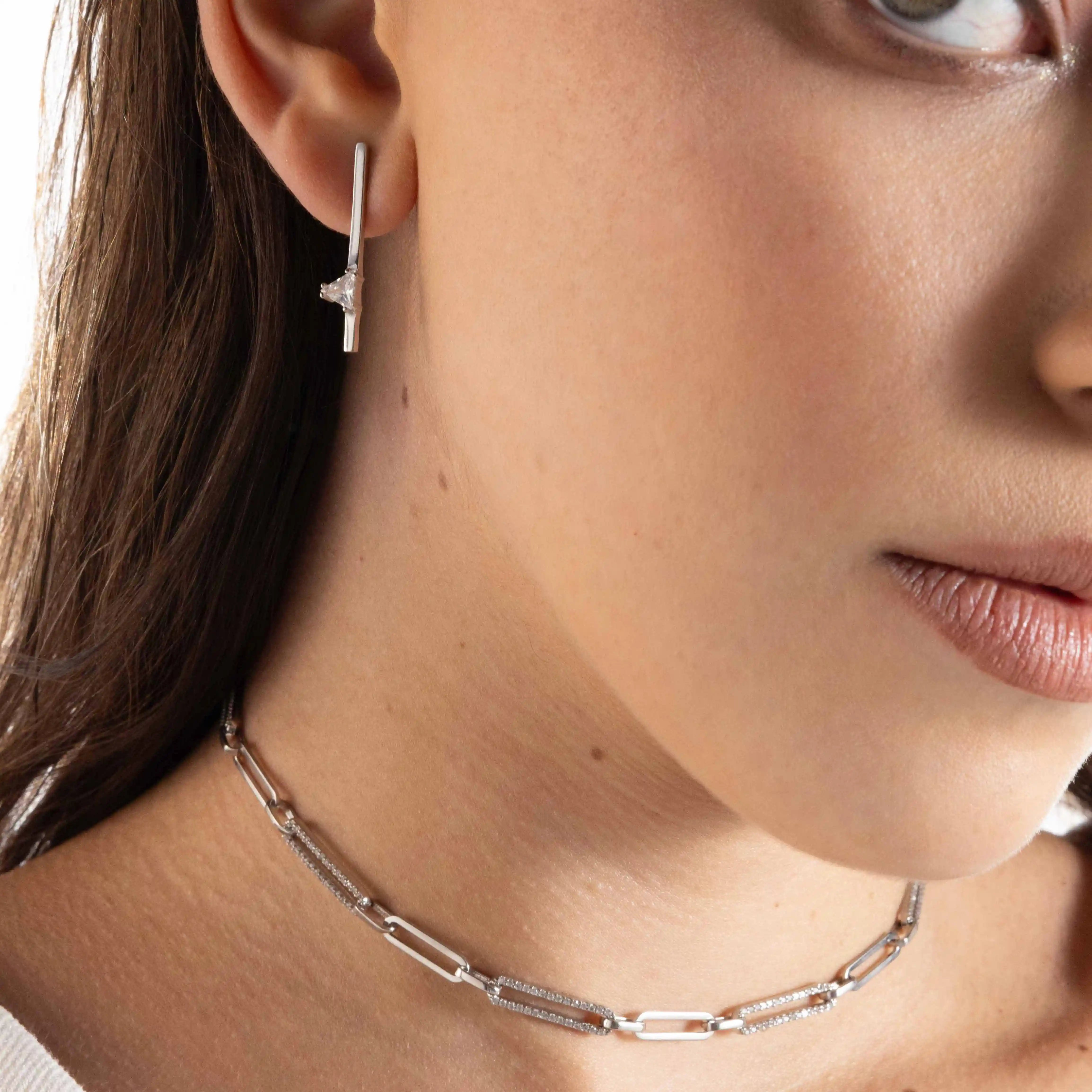 Half Cubic Zirconia Pave Paperclip Chain Link Choker - Silver White