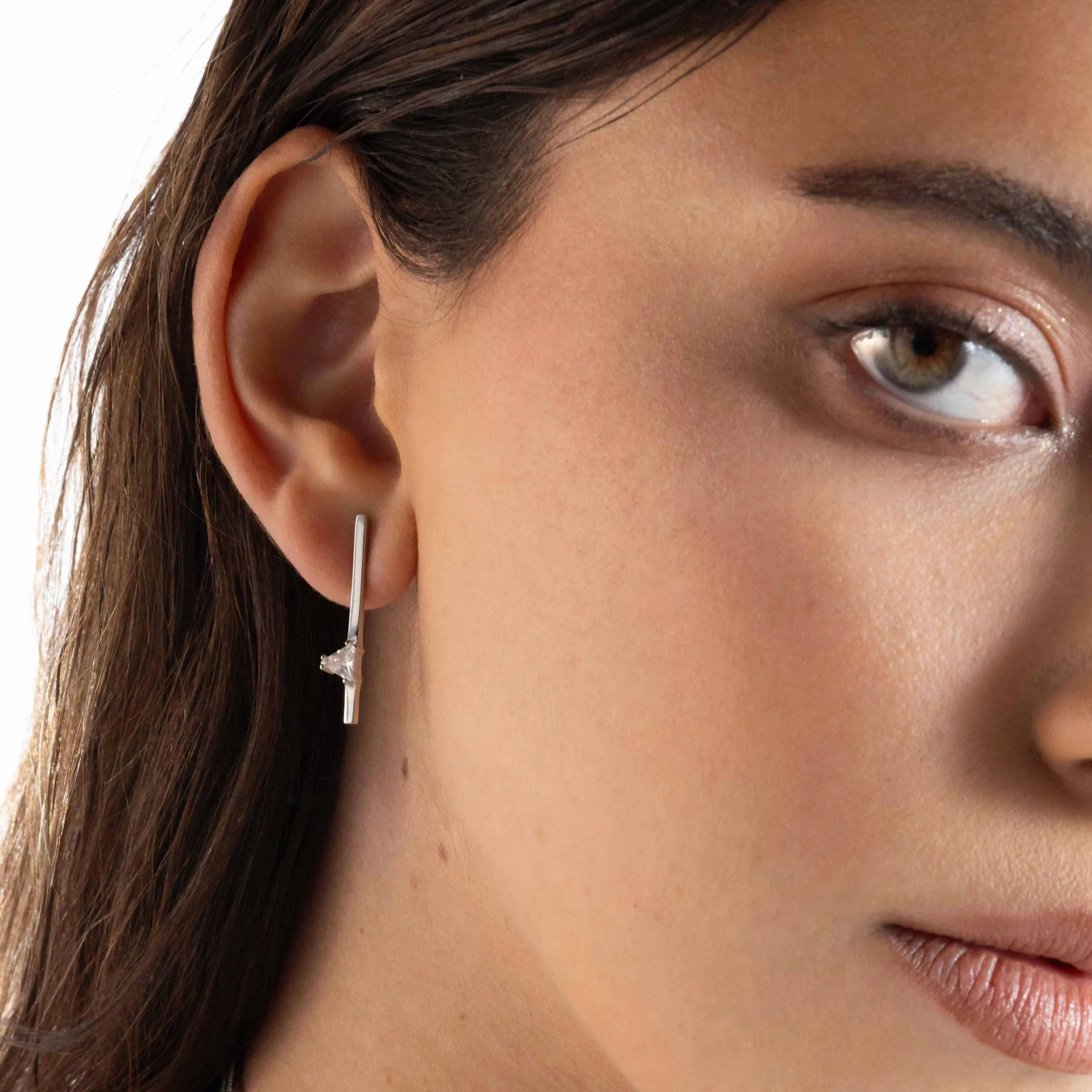 One Triangle CZ Bar Drop Earrings - Silver White