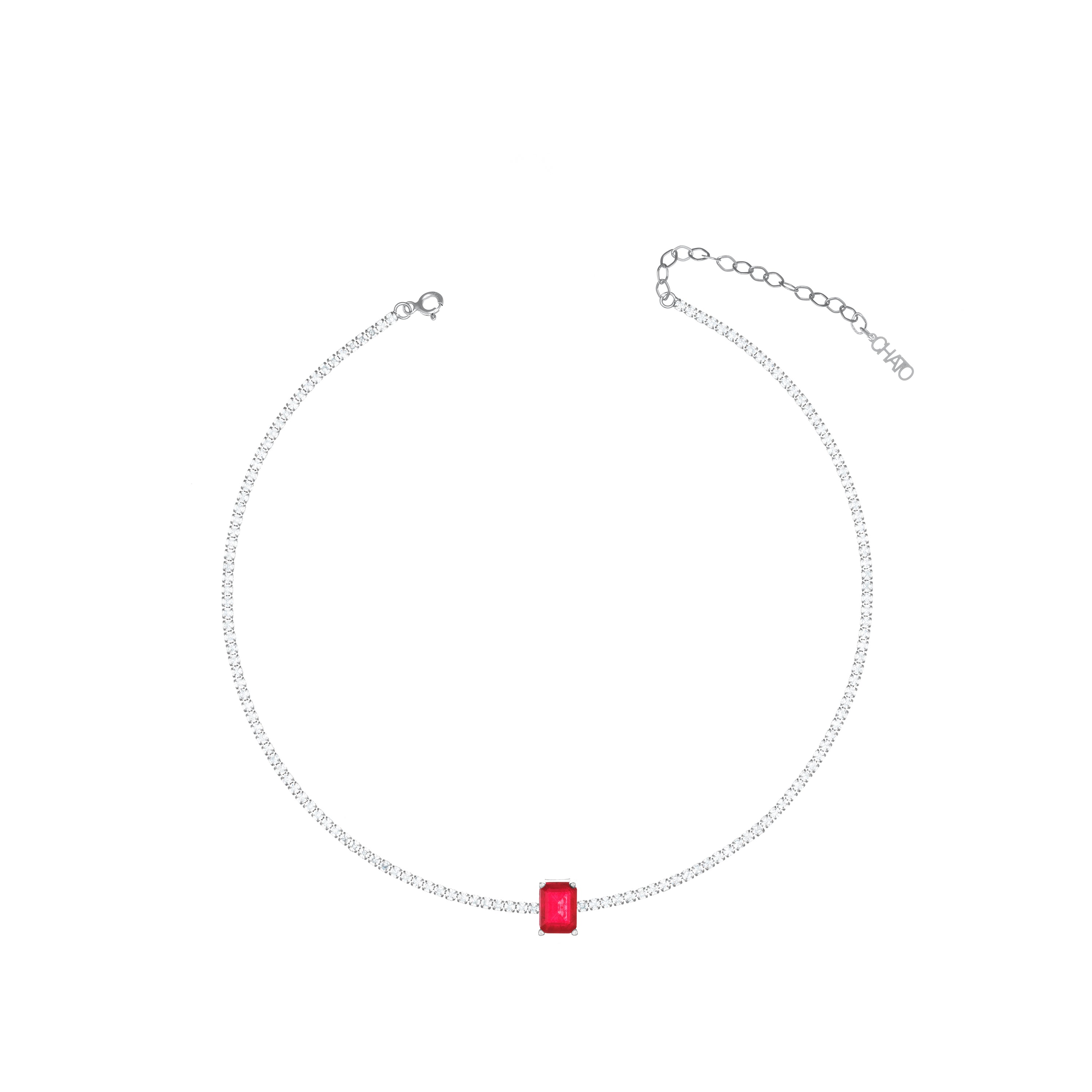 One Vertical Rectangle Tennis Choker - Silver Ruby Matt And White