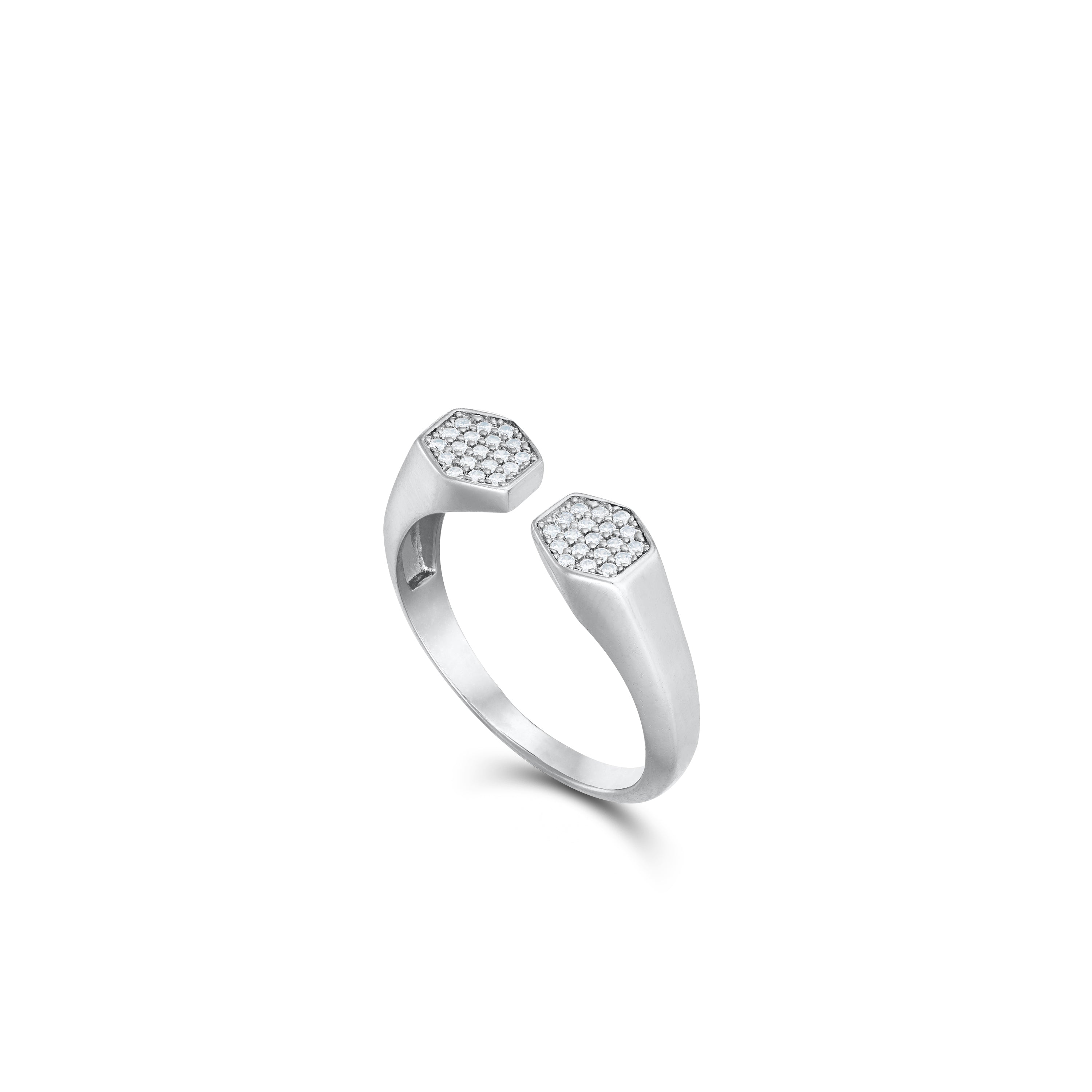 Open  Double Hexagon Cubic Zirconia Ring - Silver White