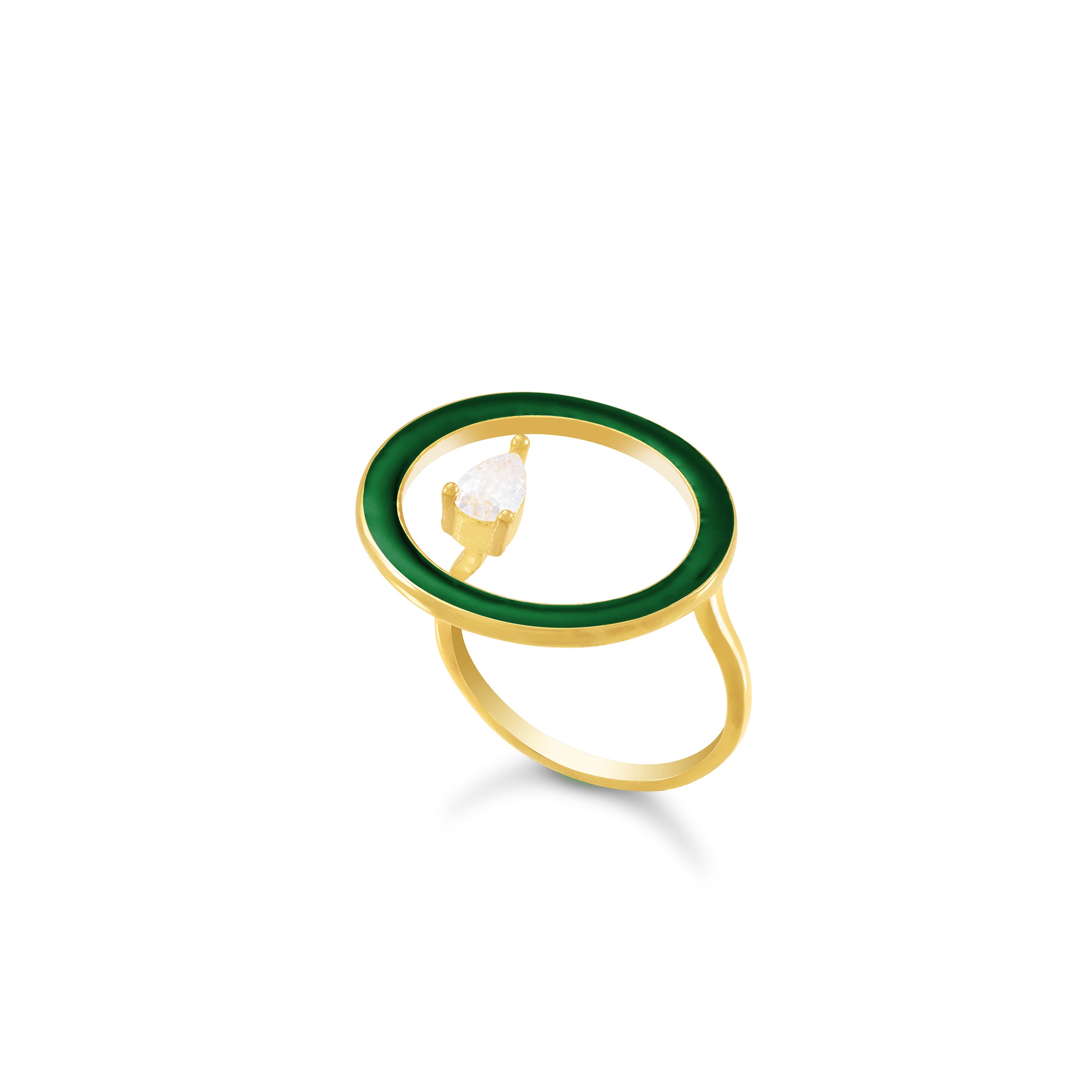 Open Enamel Circle Ring With One Teardrop - Gold Dark Green