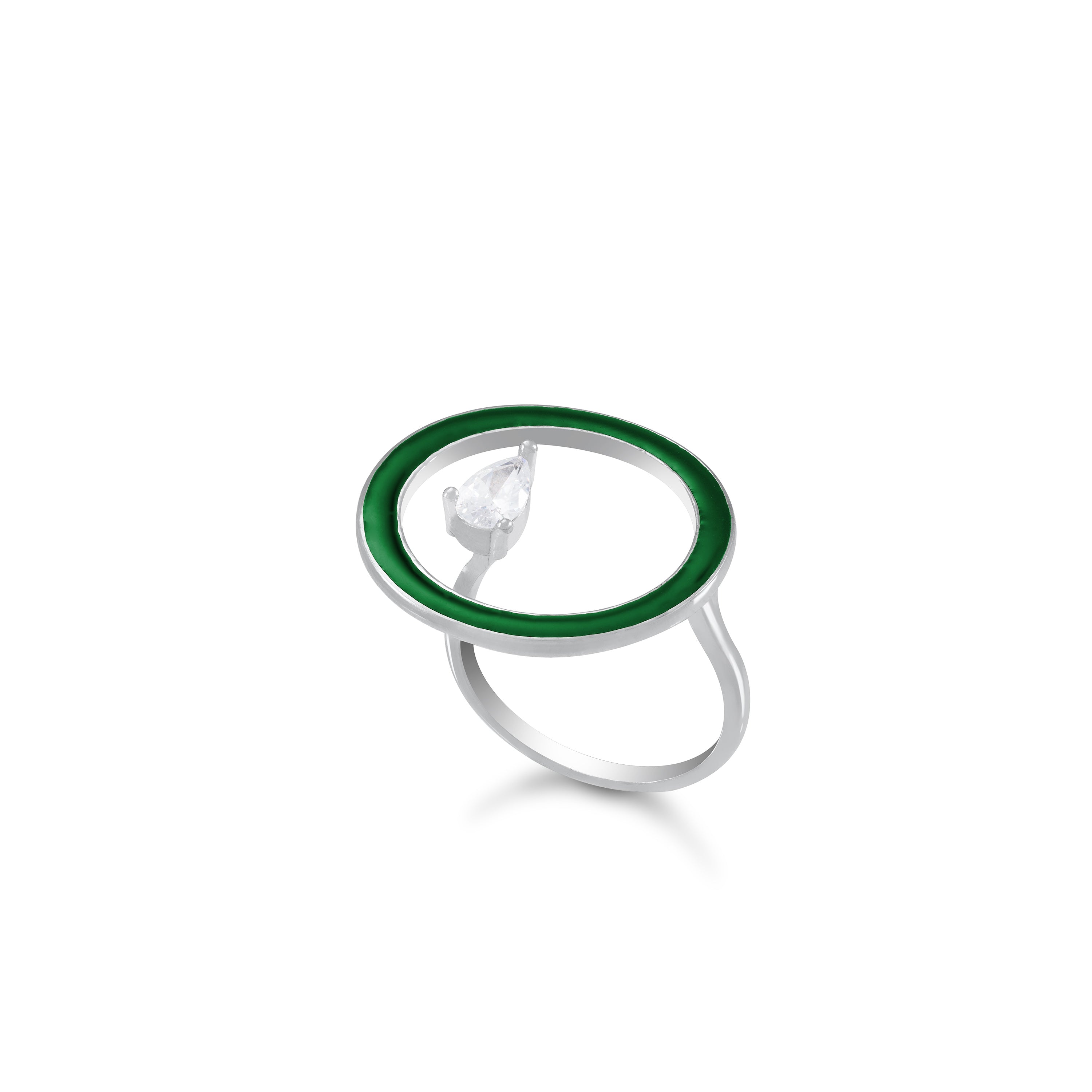 Open Enamel Circle Ring With One Teardrop - Silver Dark Green