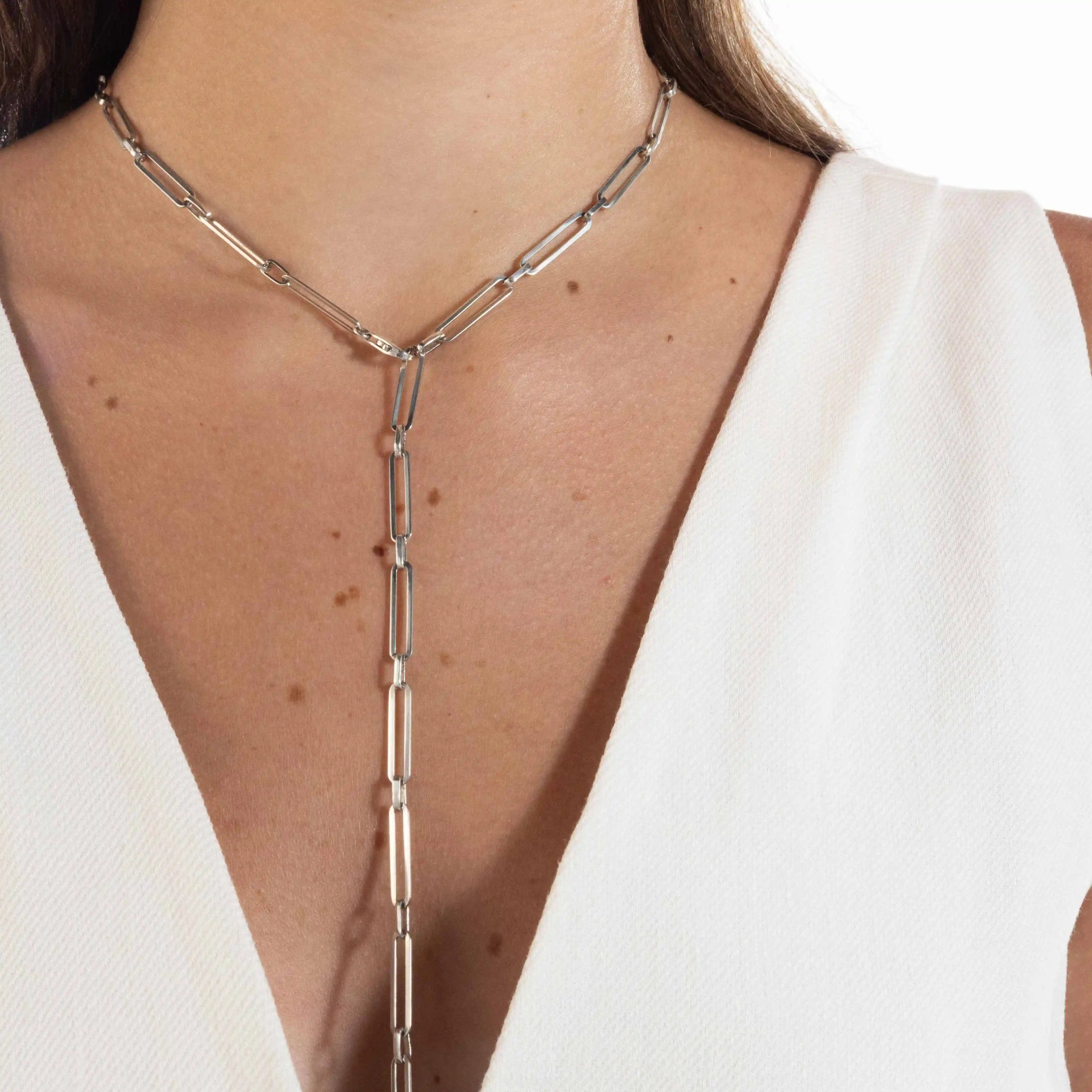 Paperclip Link Chain With Connection Long Necklace - Silver