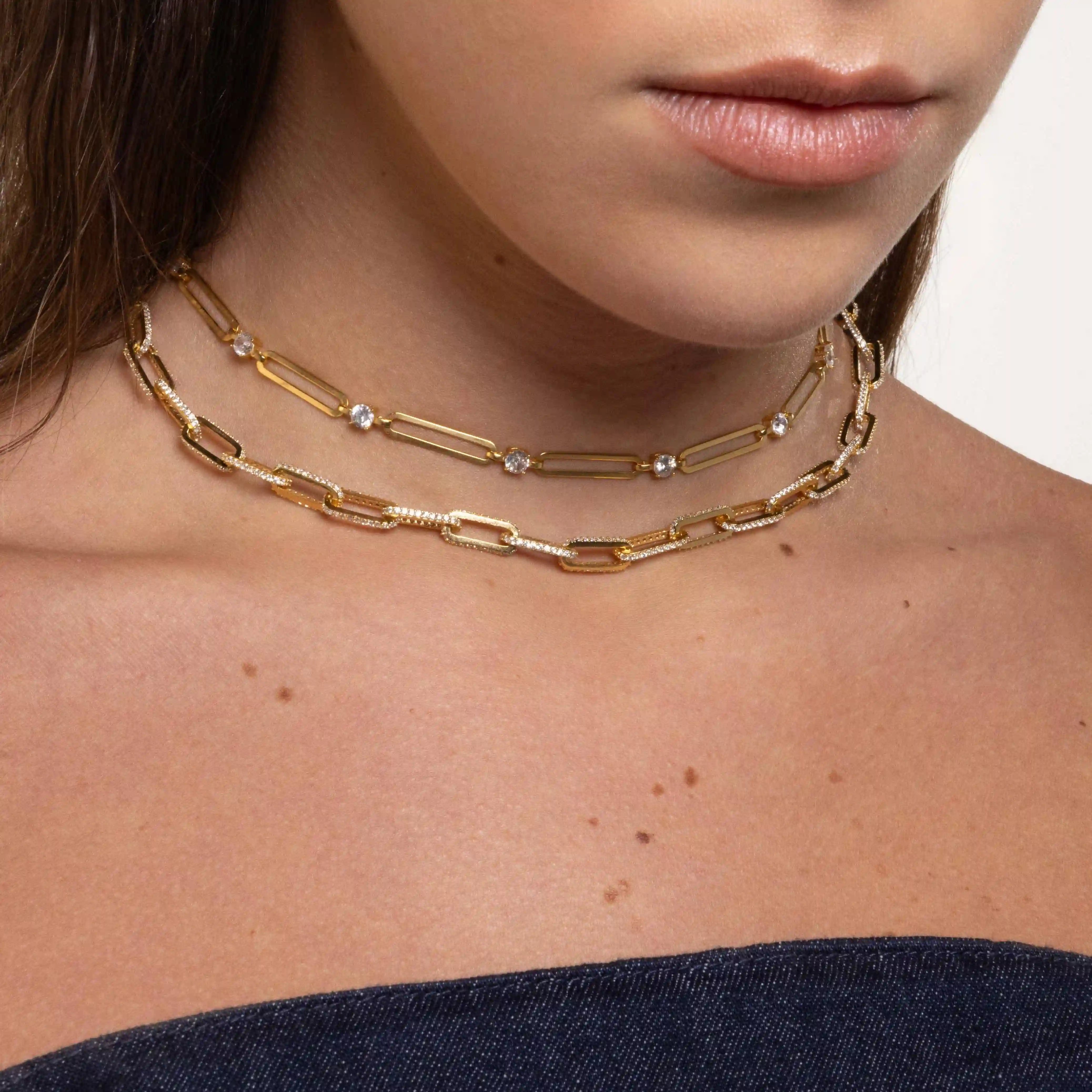 Side Pave Paperclip Link Choker - Gold White