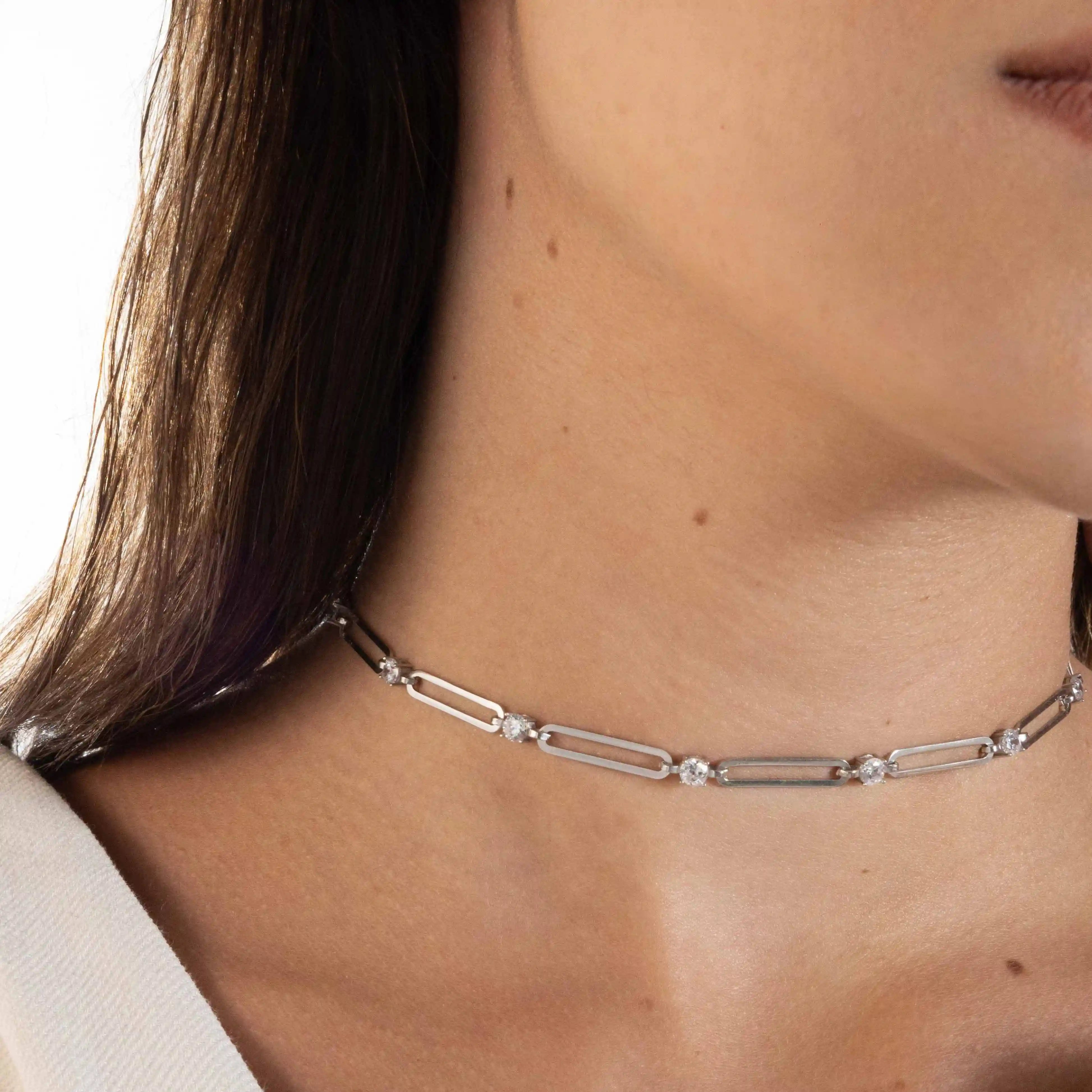 Paperclip With Dot Choker - Silver White