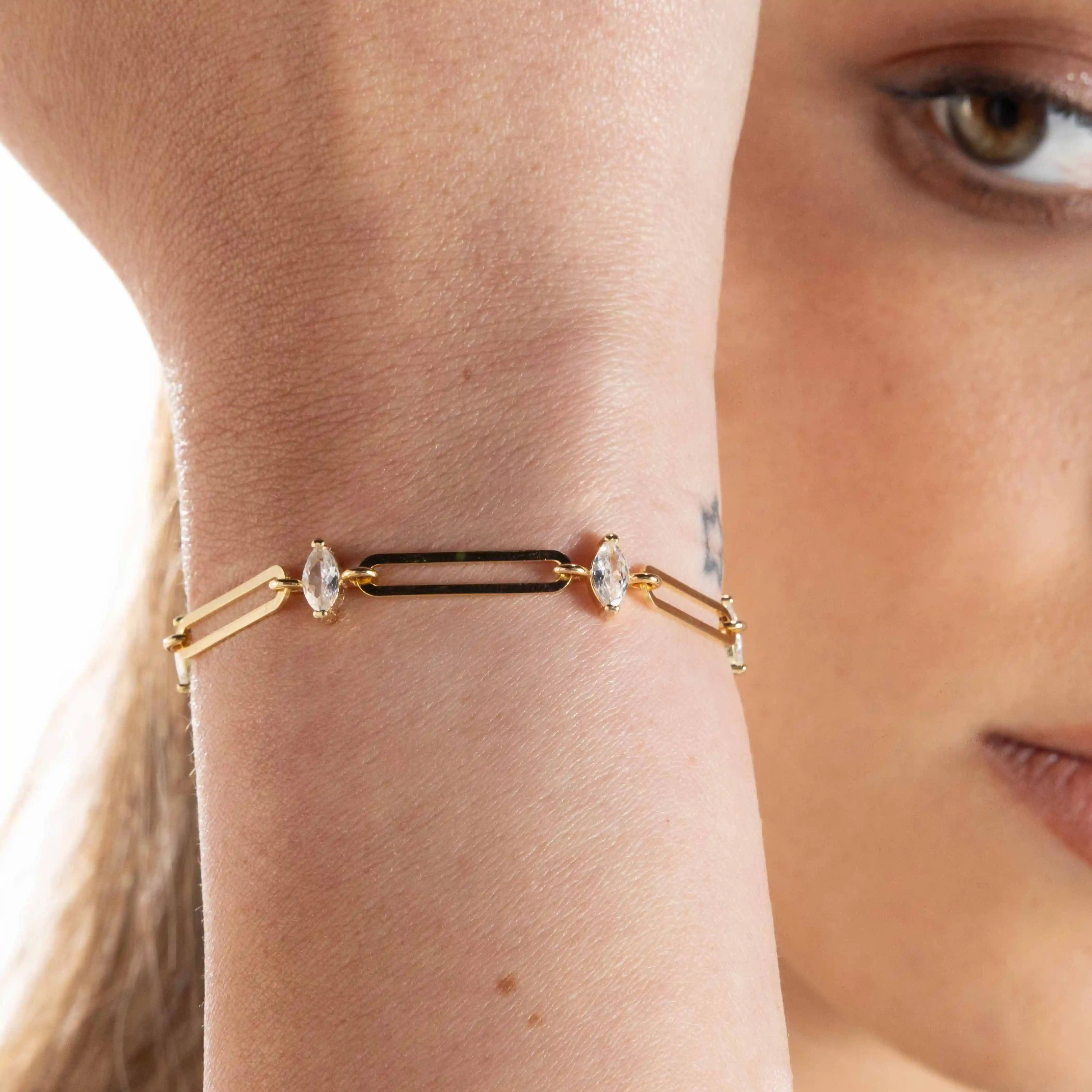 Paperclip With Marquise Cubic Zirconia Bracelet - Gold White
