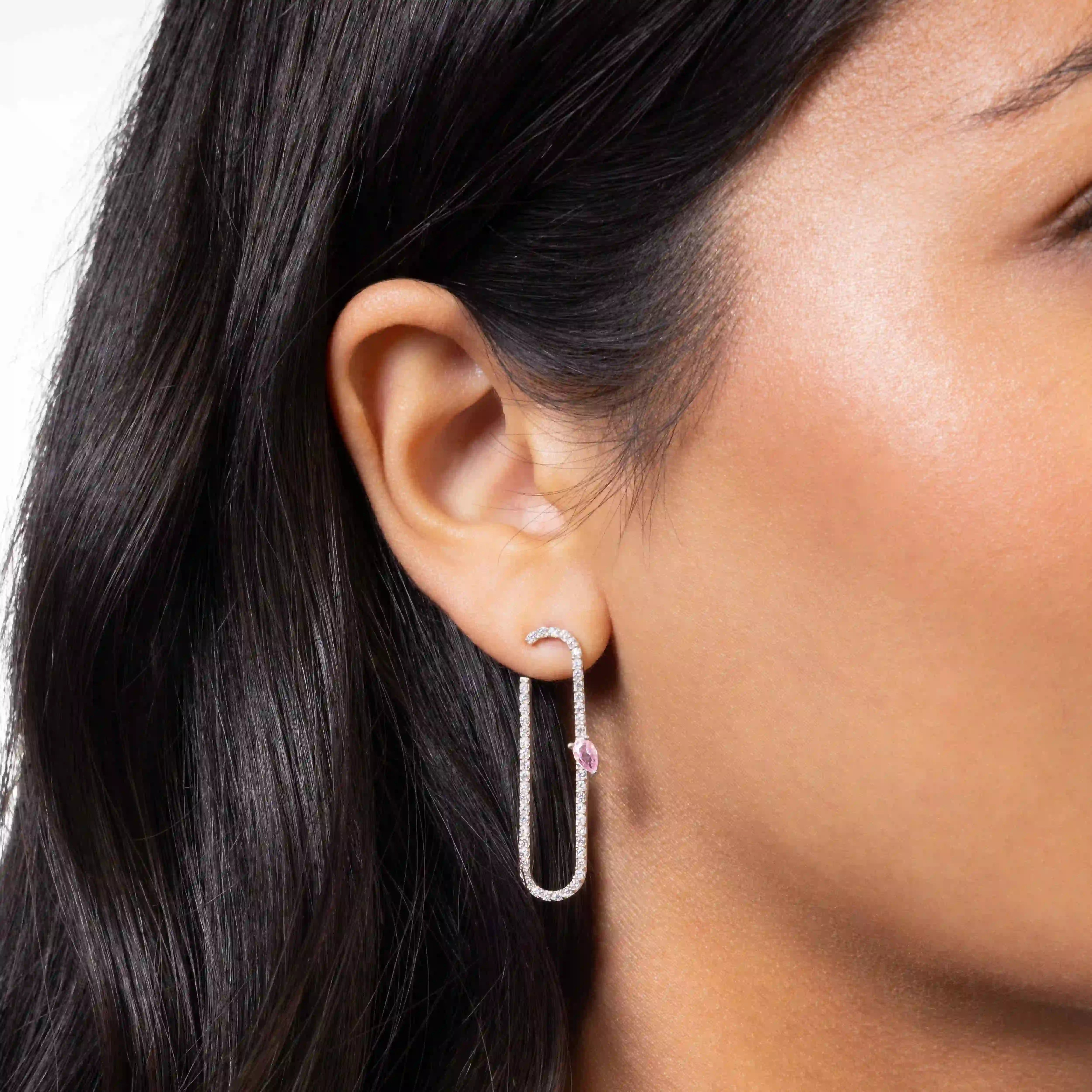 Paperclip With Teardrop Statement Earrings - Silver Light Pink And White
