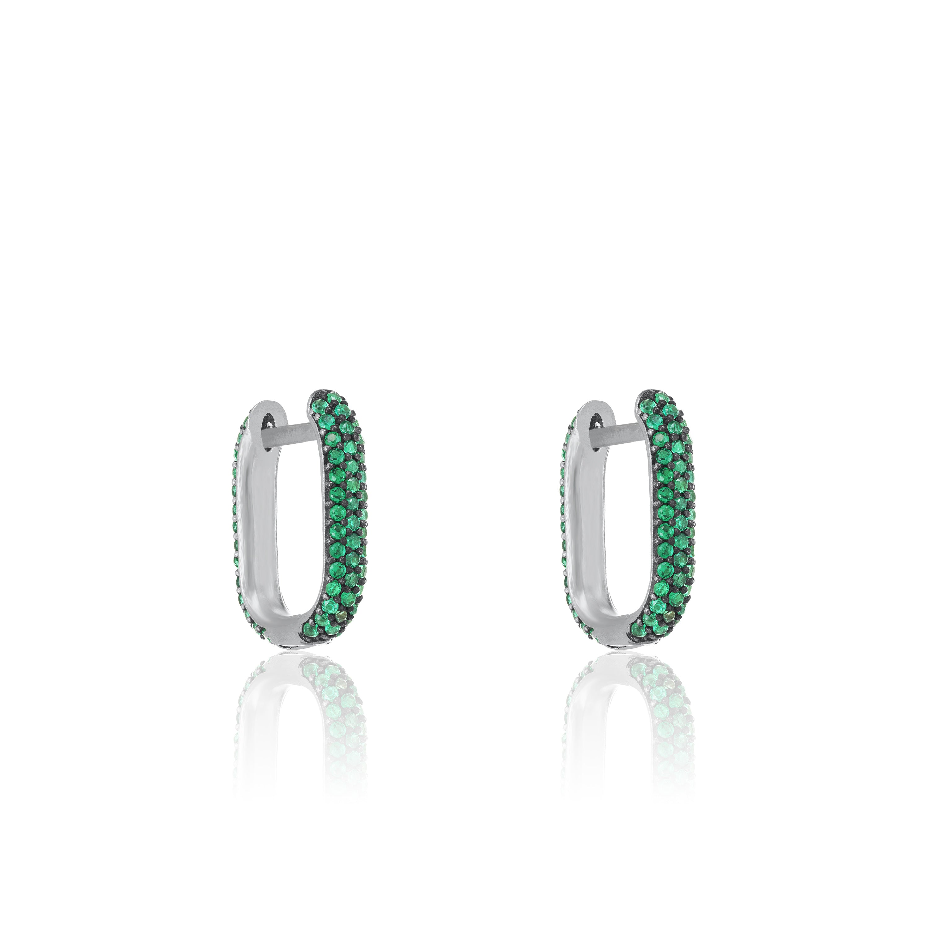 Pave Paperclip Hoop Earrings - Silver Green - Long