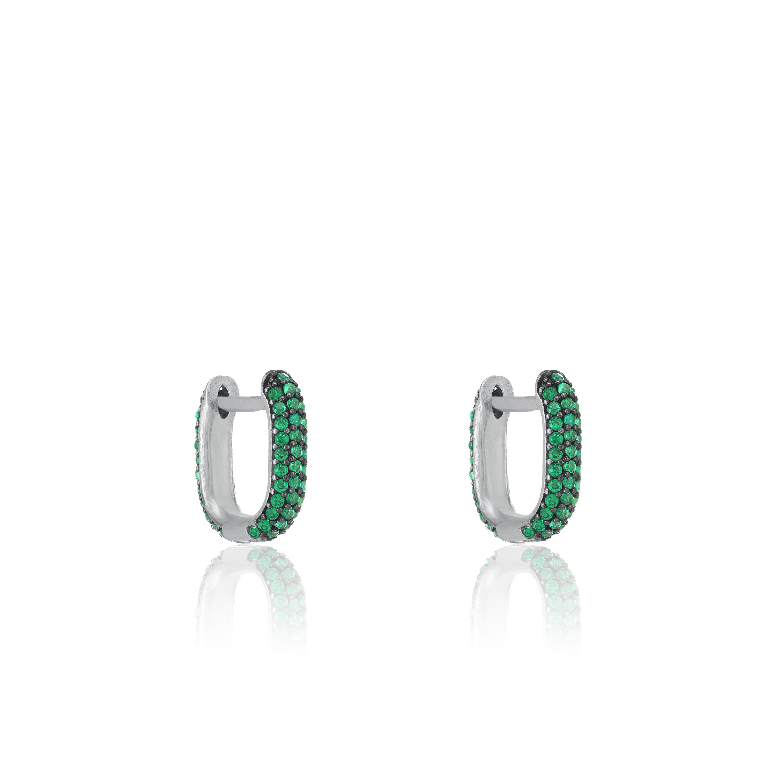 Pave Paperclip Hoop Earrings - Silver Green - Short