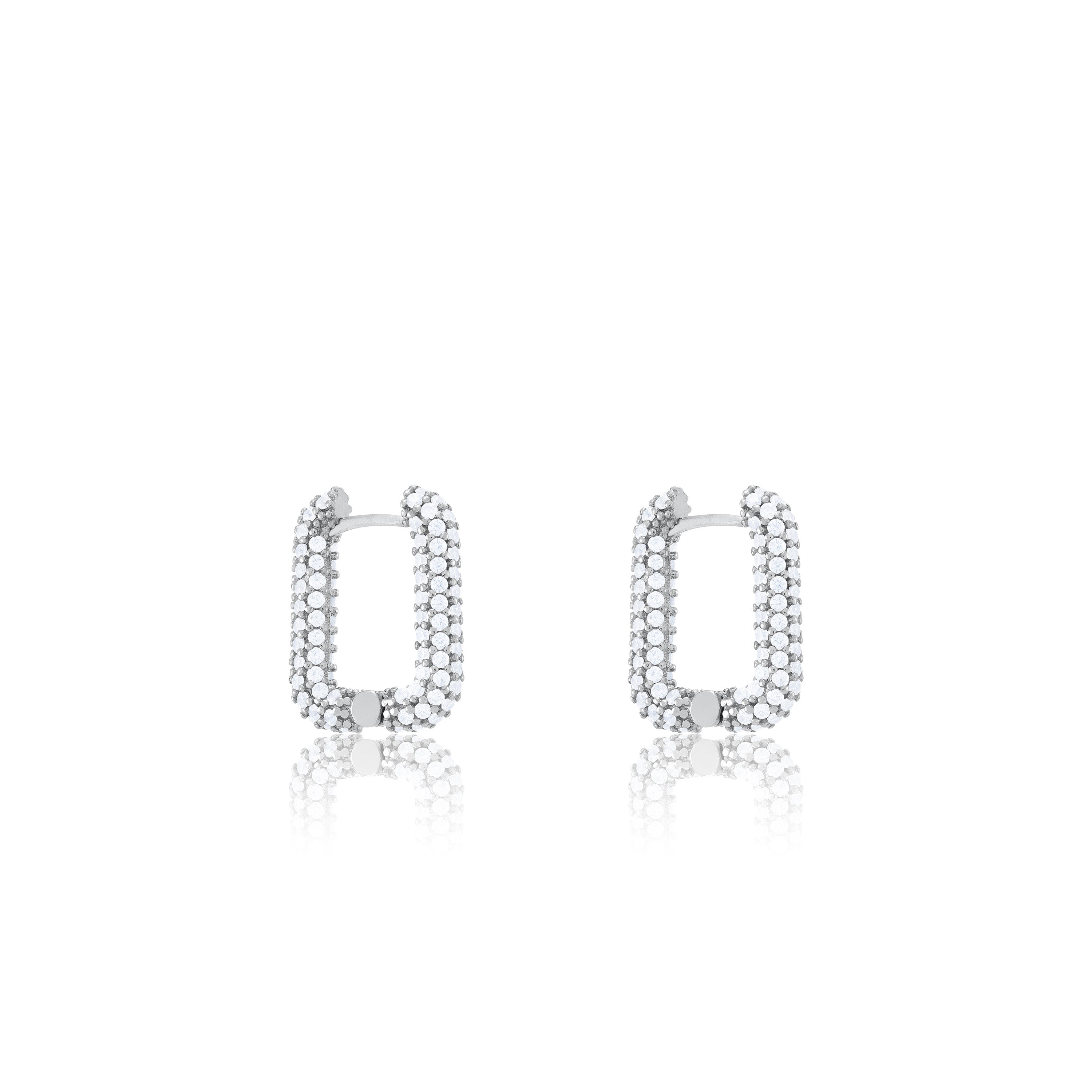 Pave Rectangular Hoop Earrings - Silver White - Full Pave