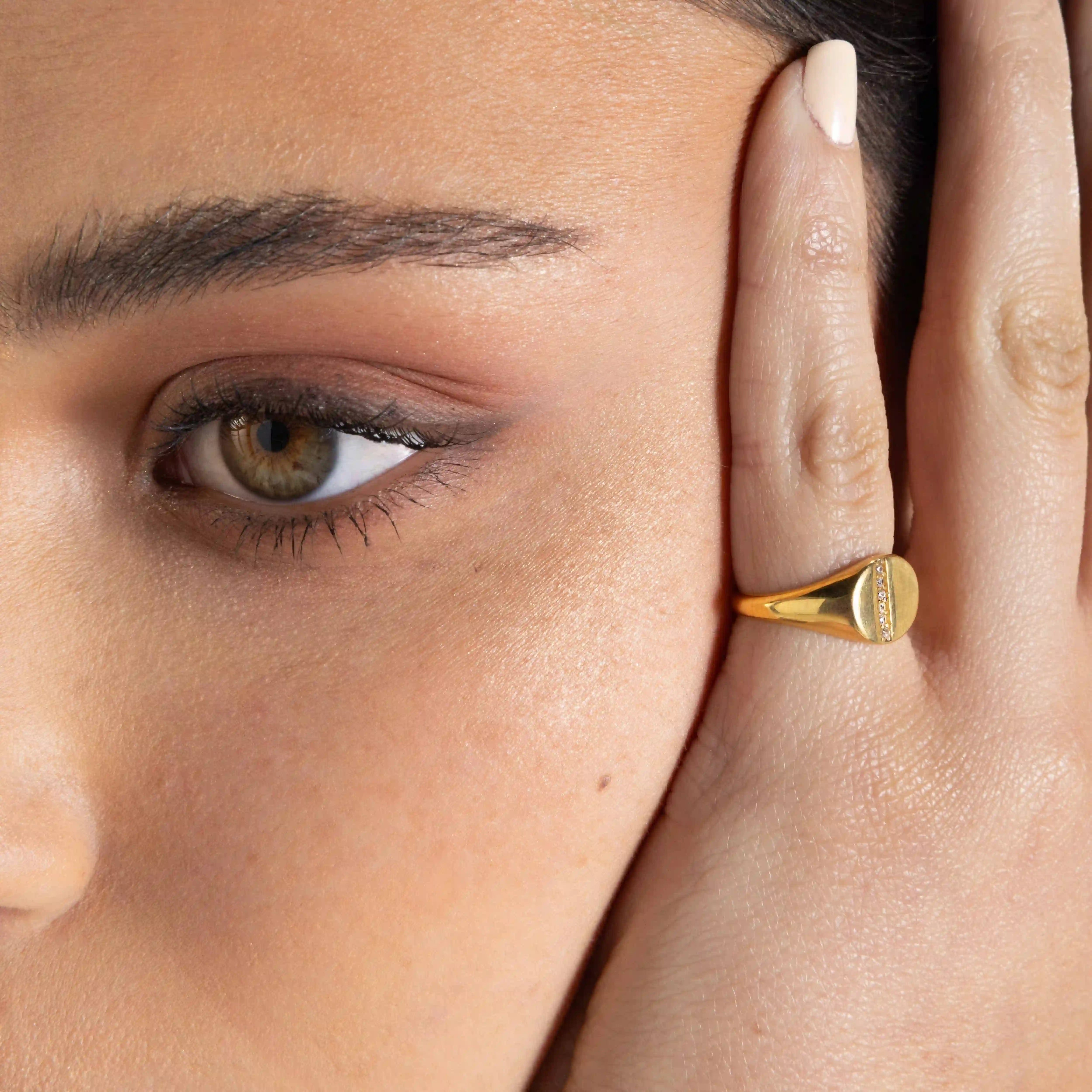 Pave Line Cubic Zirconia Signet Pinky Ring - Gold White