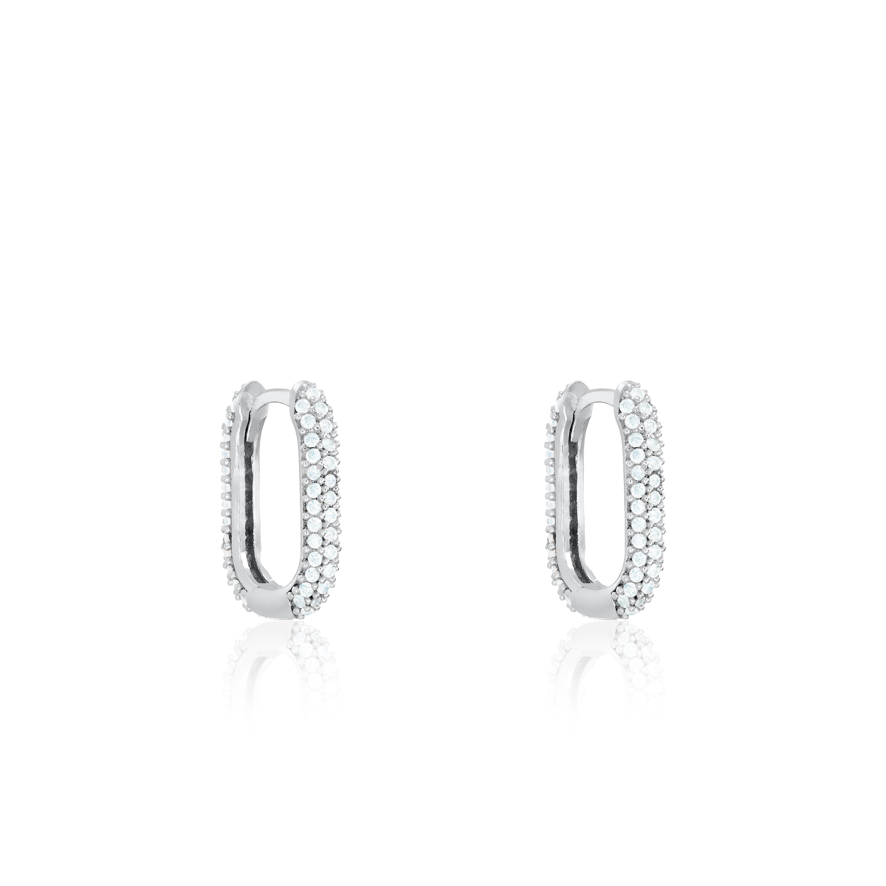 Pave Paperclip Hoop Earrings - Silver White - Long