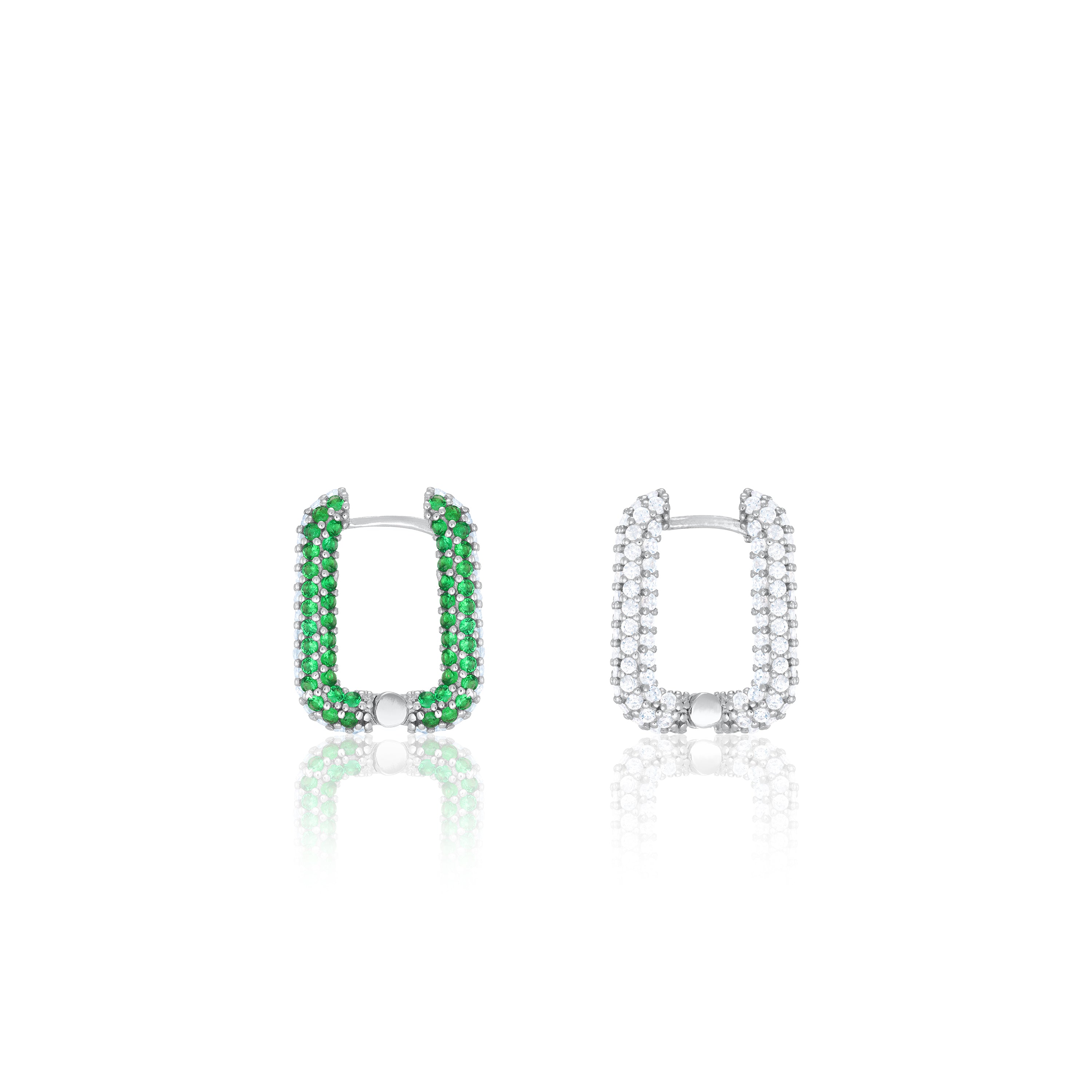 Pave Rectangular Hoop Earrings - Silver Half Green Half White - Full Pave