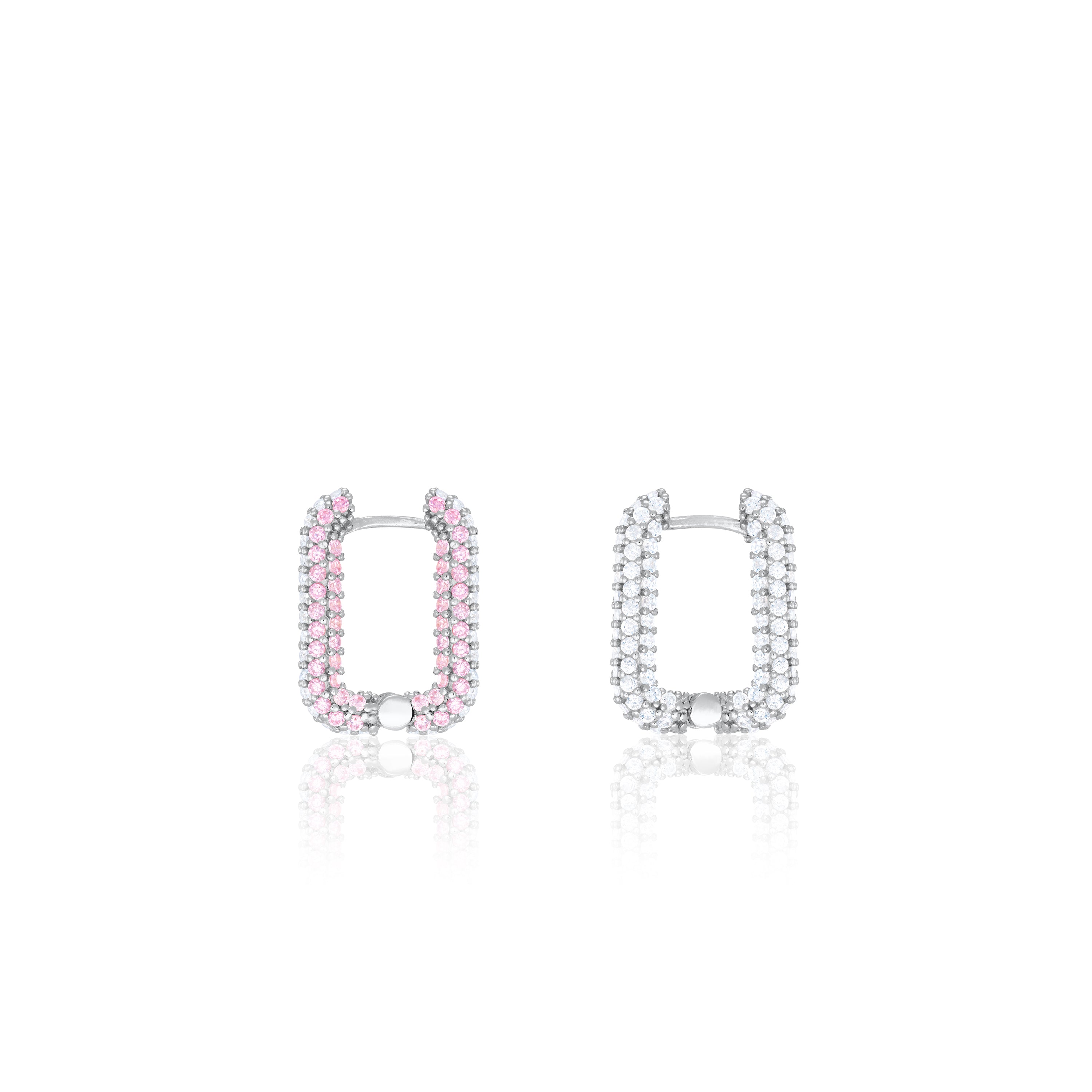 Pave Rectangular Hoop Earrings - Silver Half Light Pink Half White - Full Pave