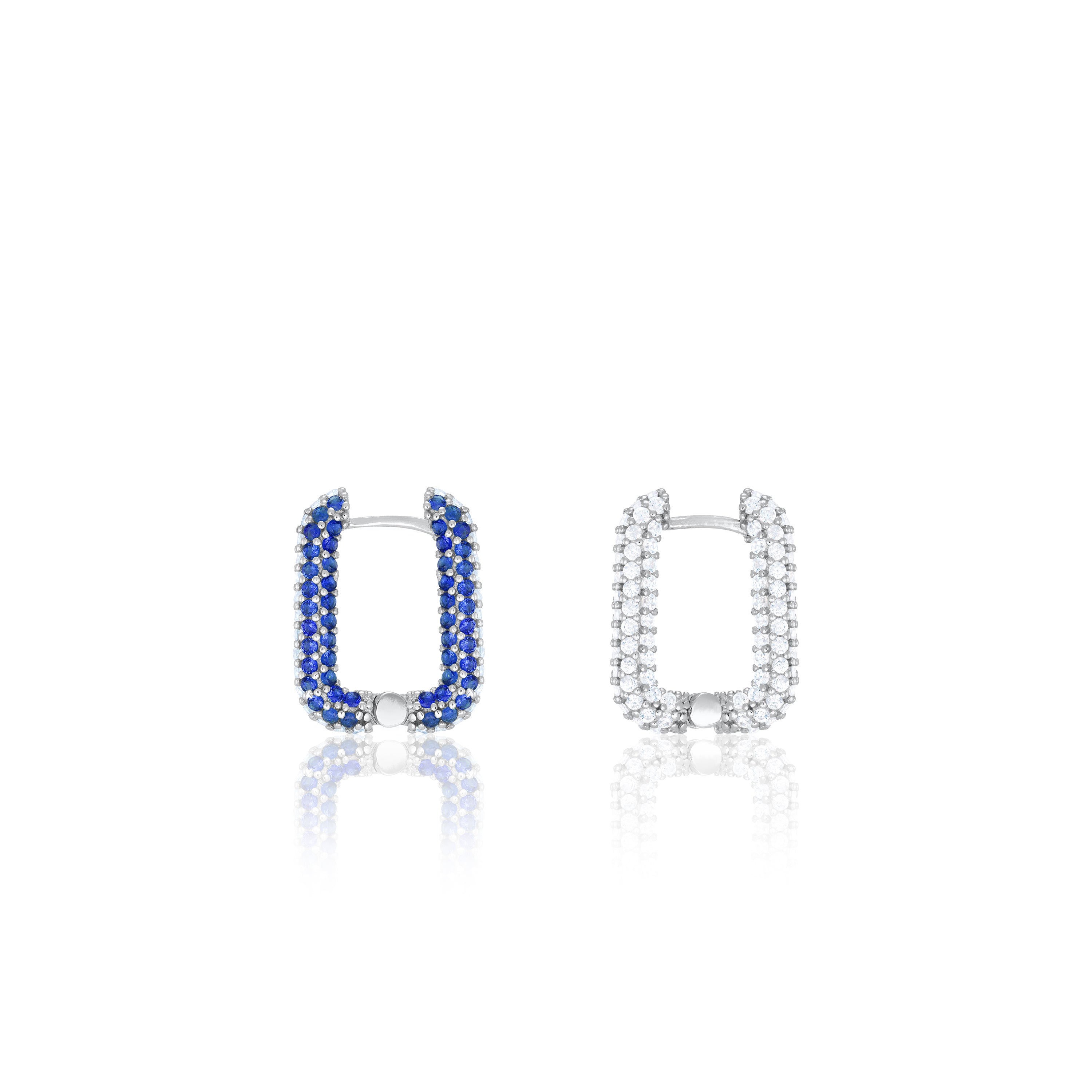 Pave Rectangular Hoop Earrings - Silver Half Navy Blue Half White - Full Pave