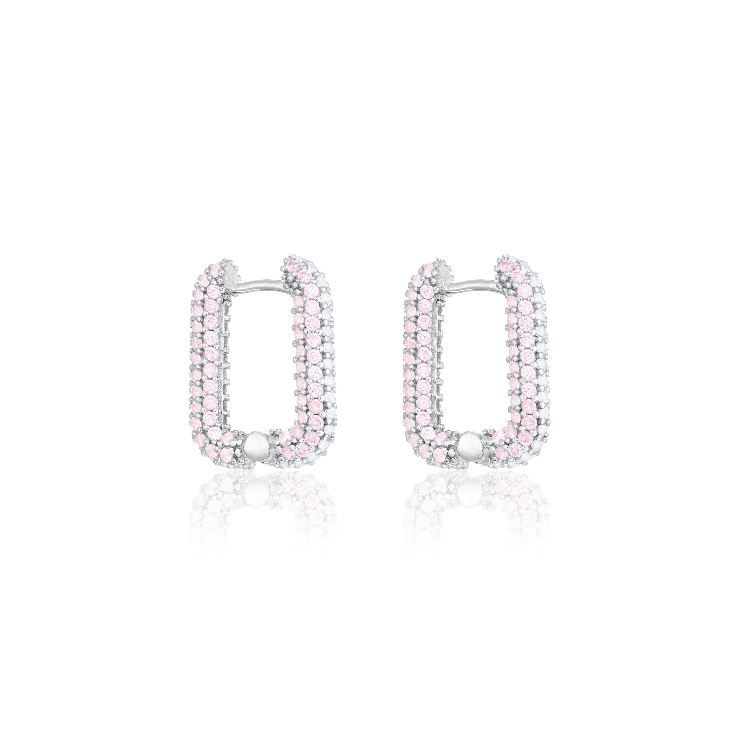 Pave Rectangular Hoop Earrings - Silver Half Light Pink Half White - Side Pave