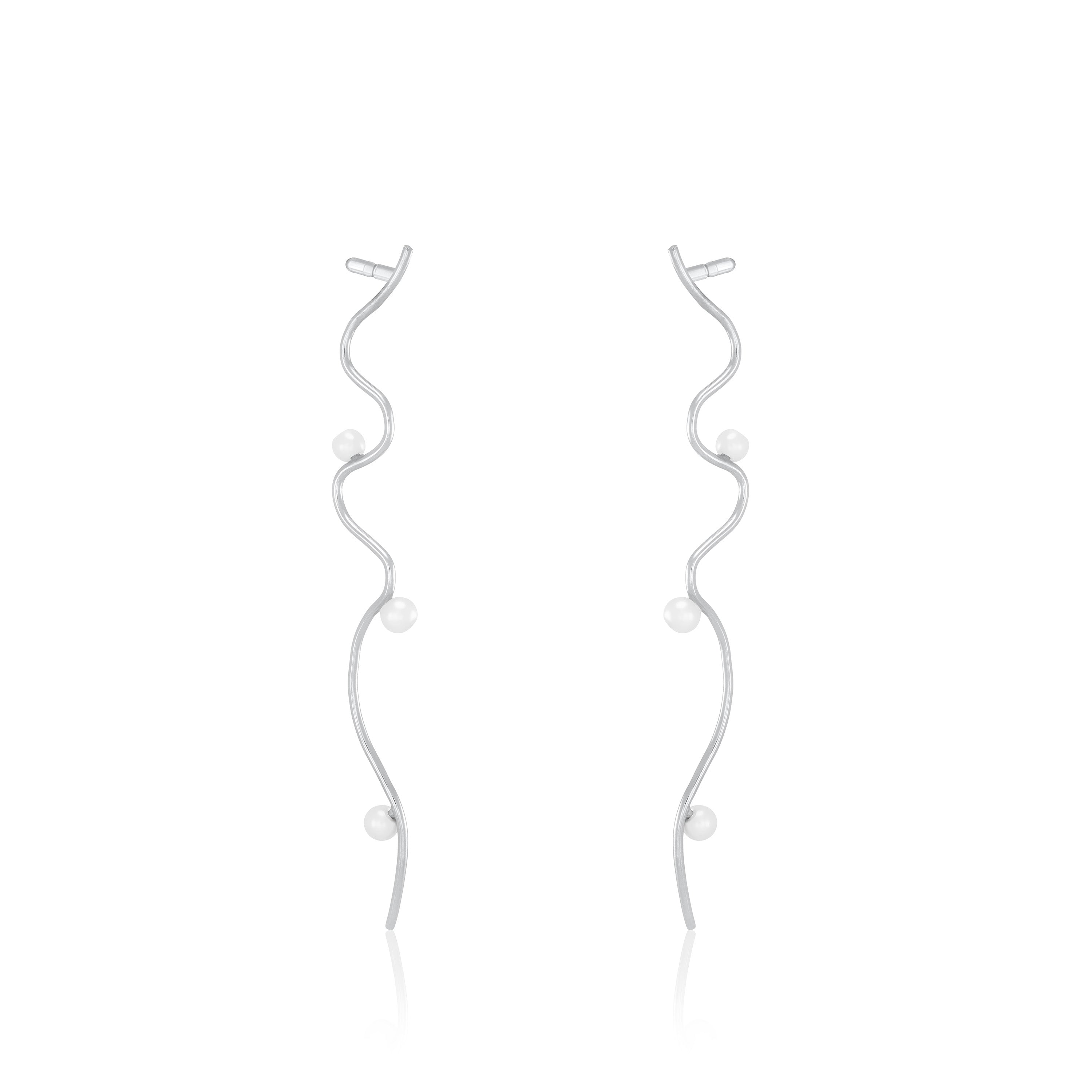 Pearl Wavy Wire Dangle Earrings - Silver White