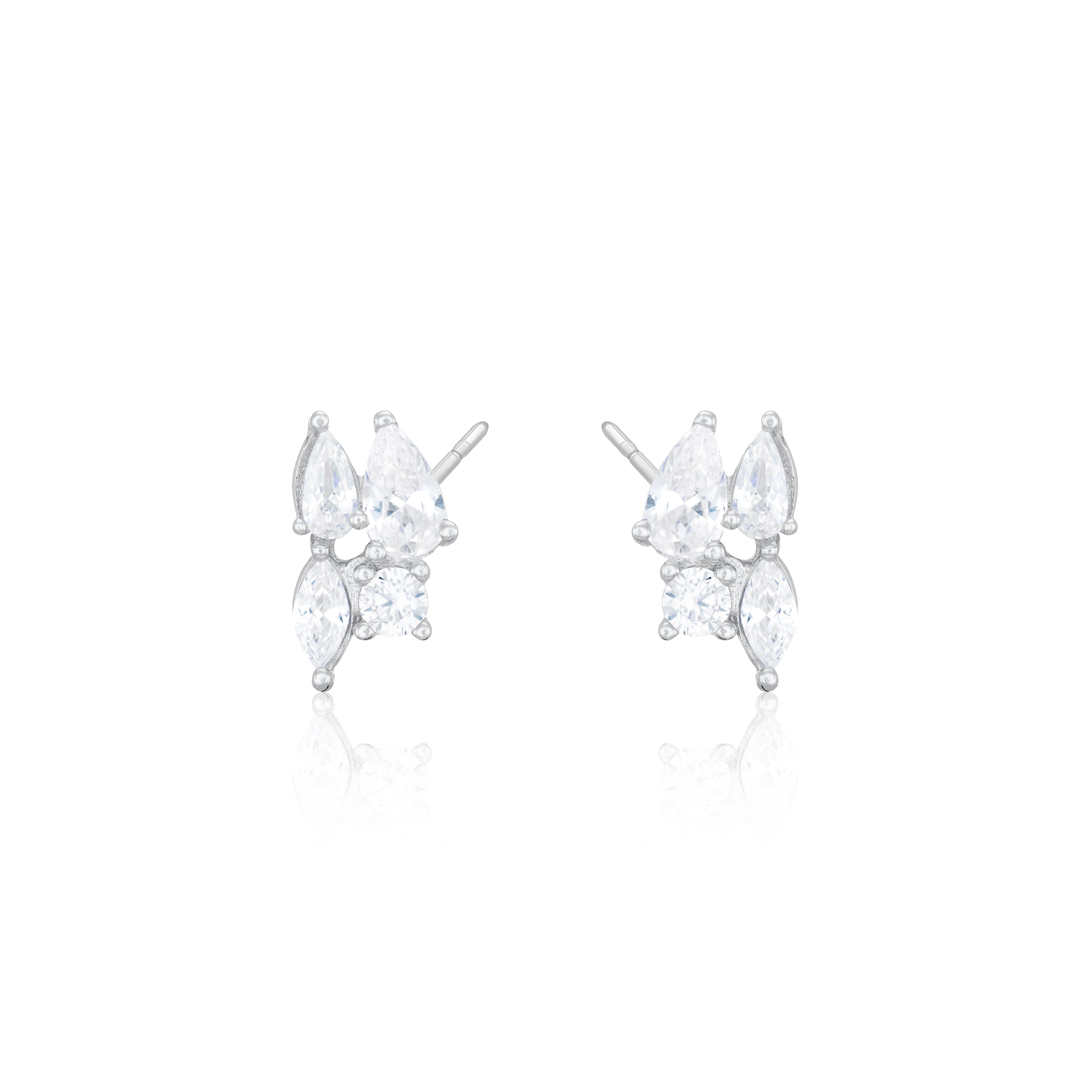 Quadruple Cubic Zirconia Shape Cluster Stud Earrings - Silver White