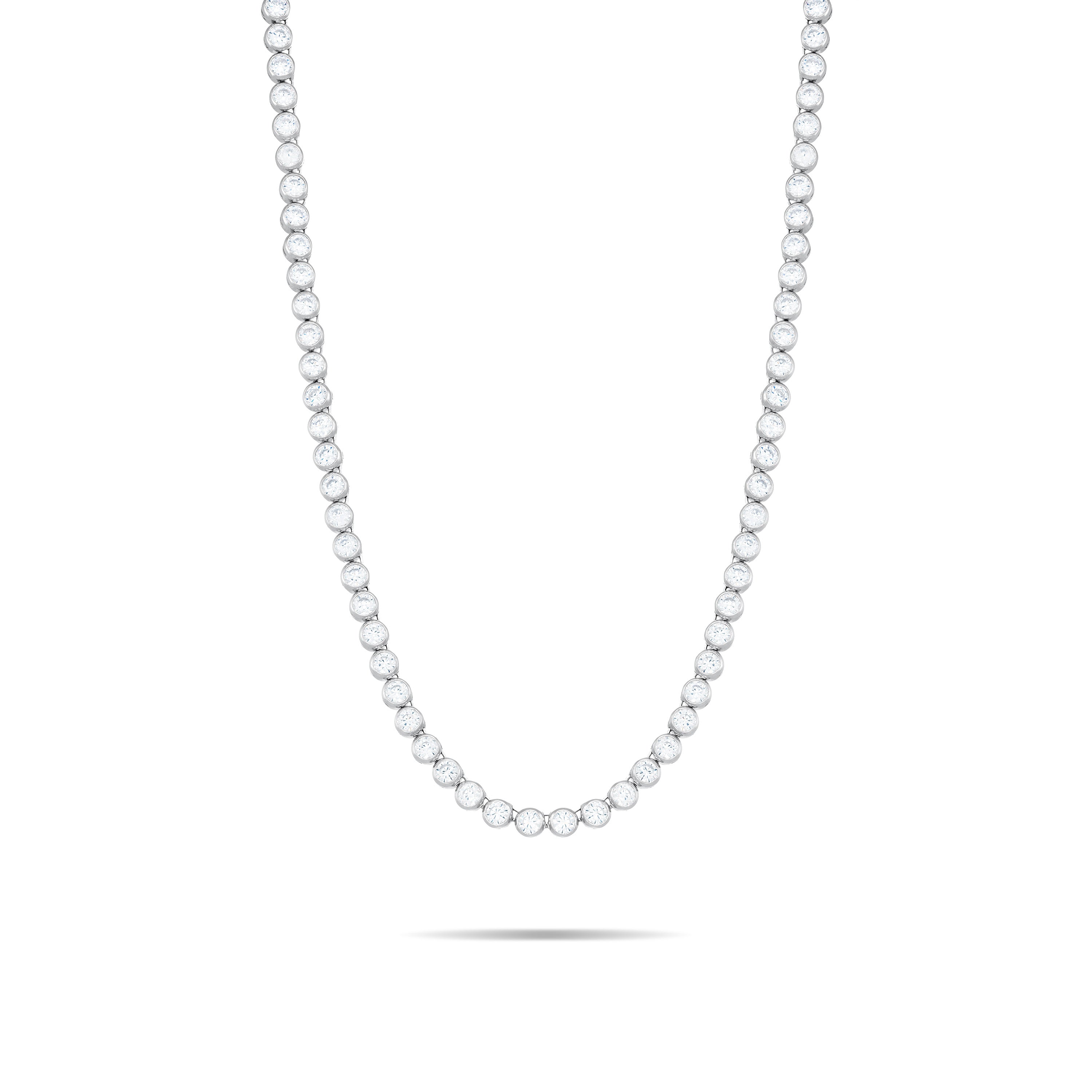 Round Cubic Zirconia Bezel Tennis Long Necklaces With Box Clasp - Silver White