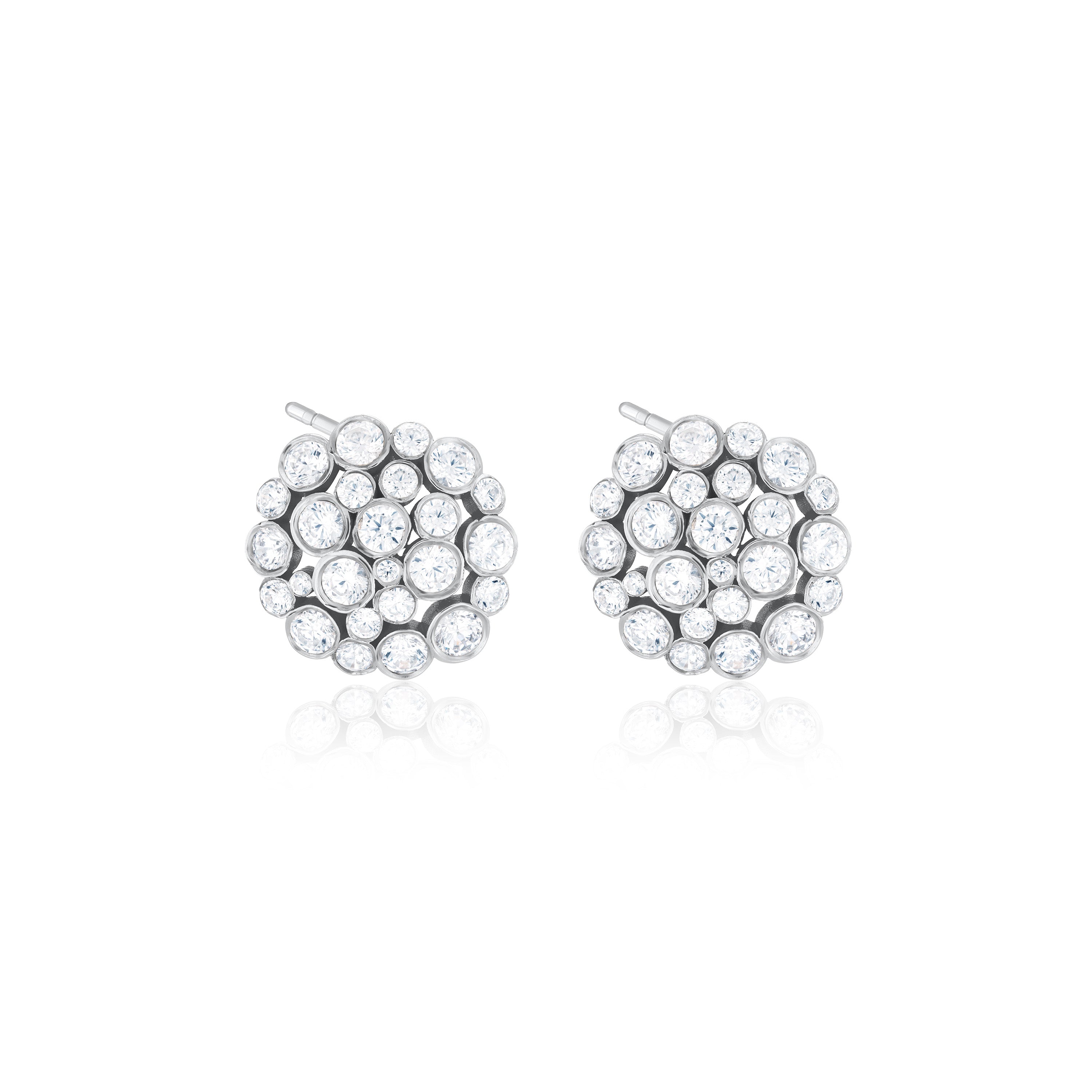 Round Pave Cluster Bezel Earrings - Silver White