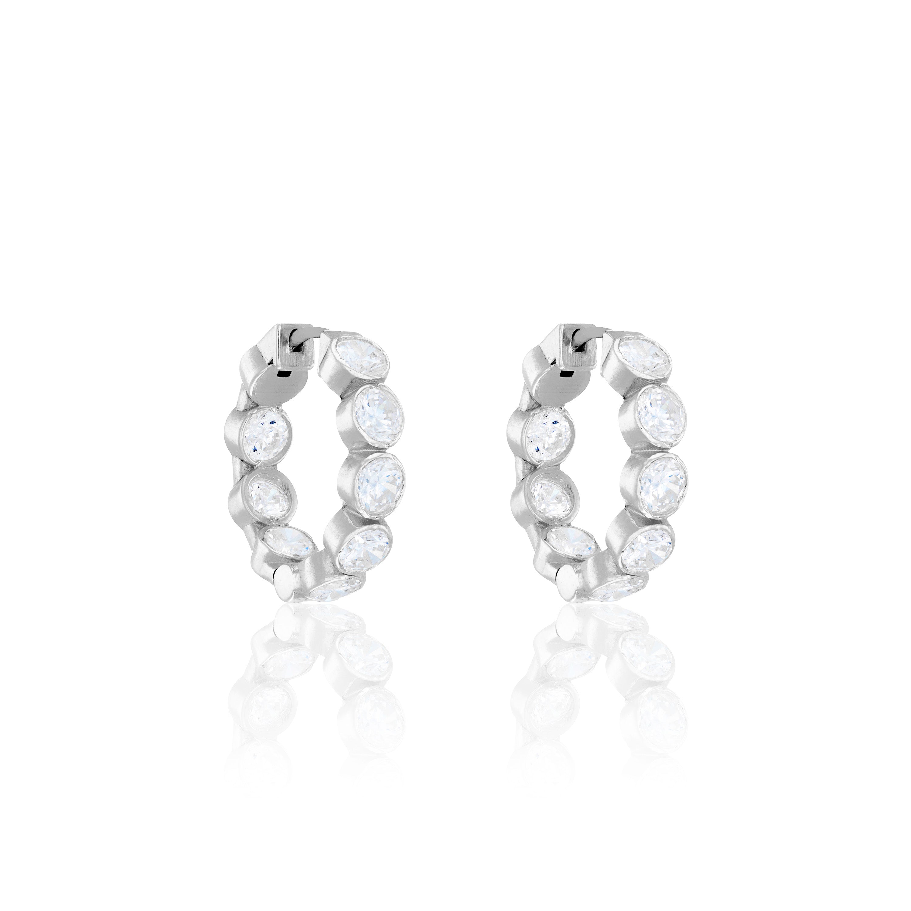 Round Bezel Cz Inside out Hoop Earrings - Silver White